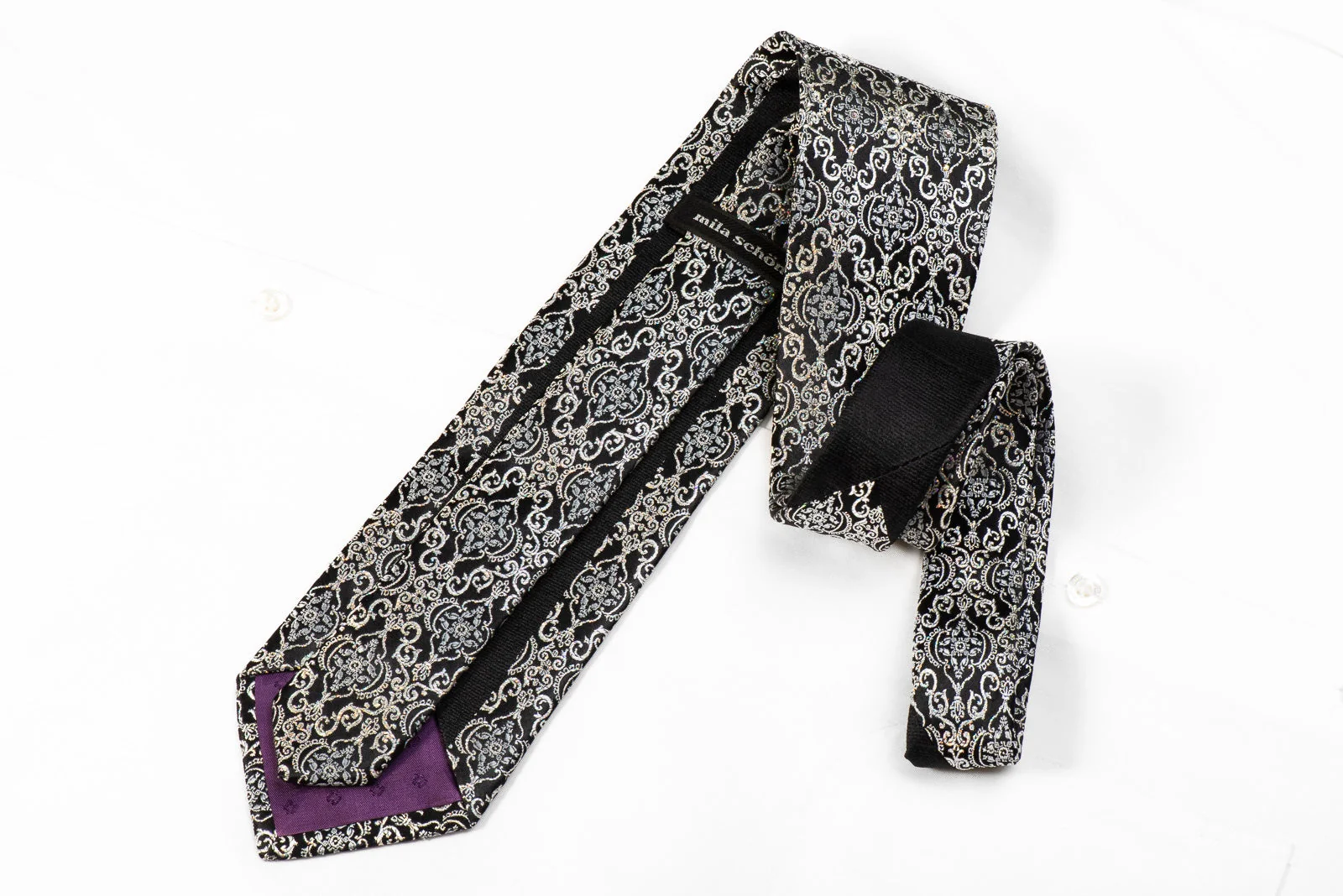 Renoma Mens Crystal Silk Necktie Silver Damask On Black With Silver Sparkles - Image 6