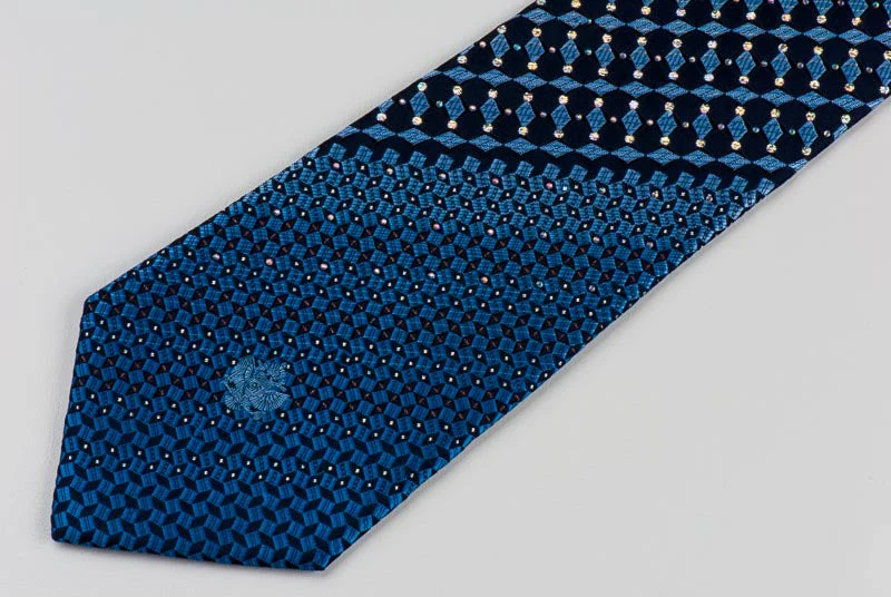 Renoma Mens Rhinestone Tie Blue Silver Geometric Checks On Navy With Silver Sparkles - Image 3