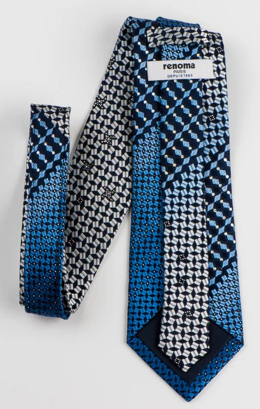 Renoma Mens Rhinestone Tie Blue Silver Geometric Checks On Navy With Silver Sparkles - Image 4