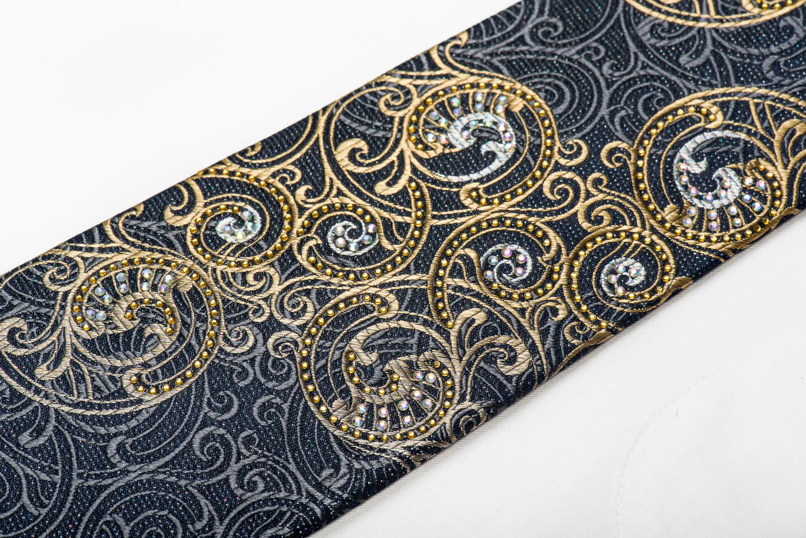 Renoma Mens Silk Crystal Necktie Gold Scrolls On Navy With Silver Sparkles - Image 3