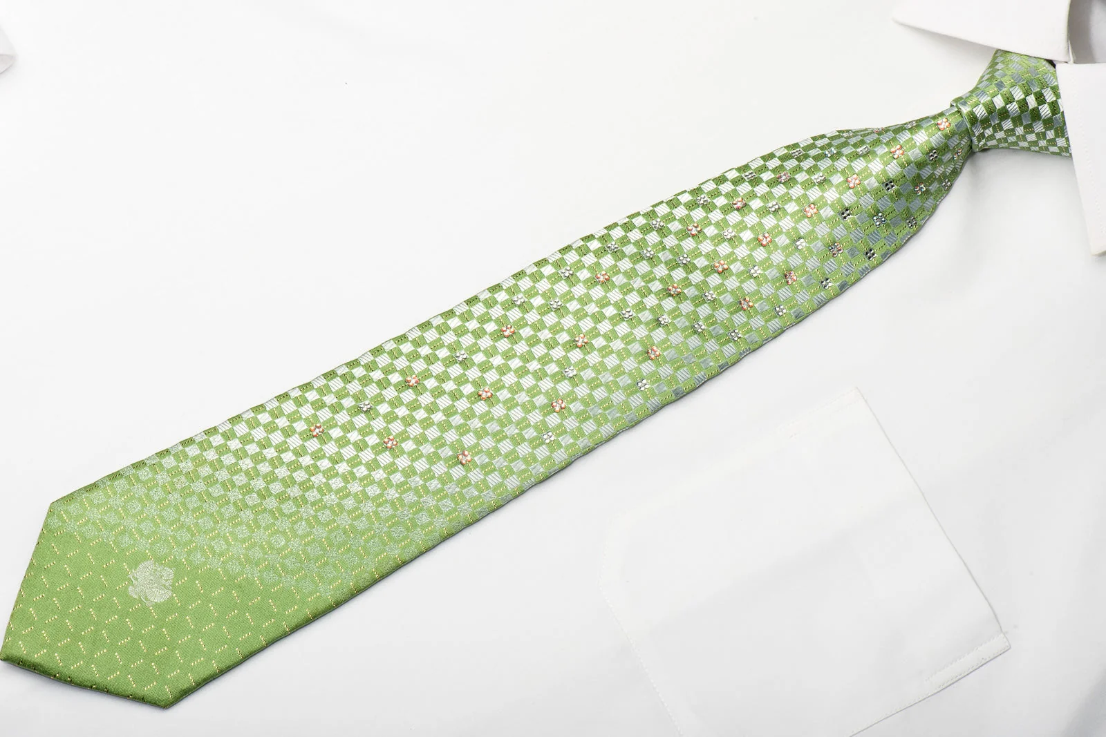 Renoma Mens Silk Necktie Green Silver Checkered Sparkling With Crystal Rhinestones - Image 2