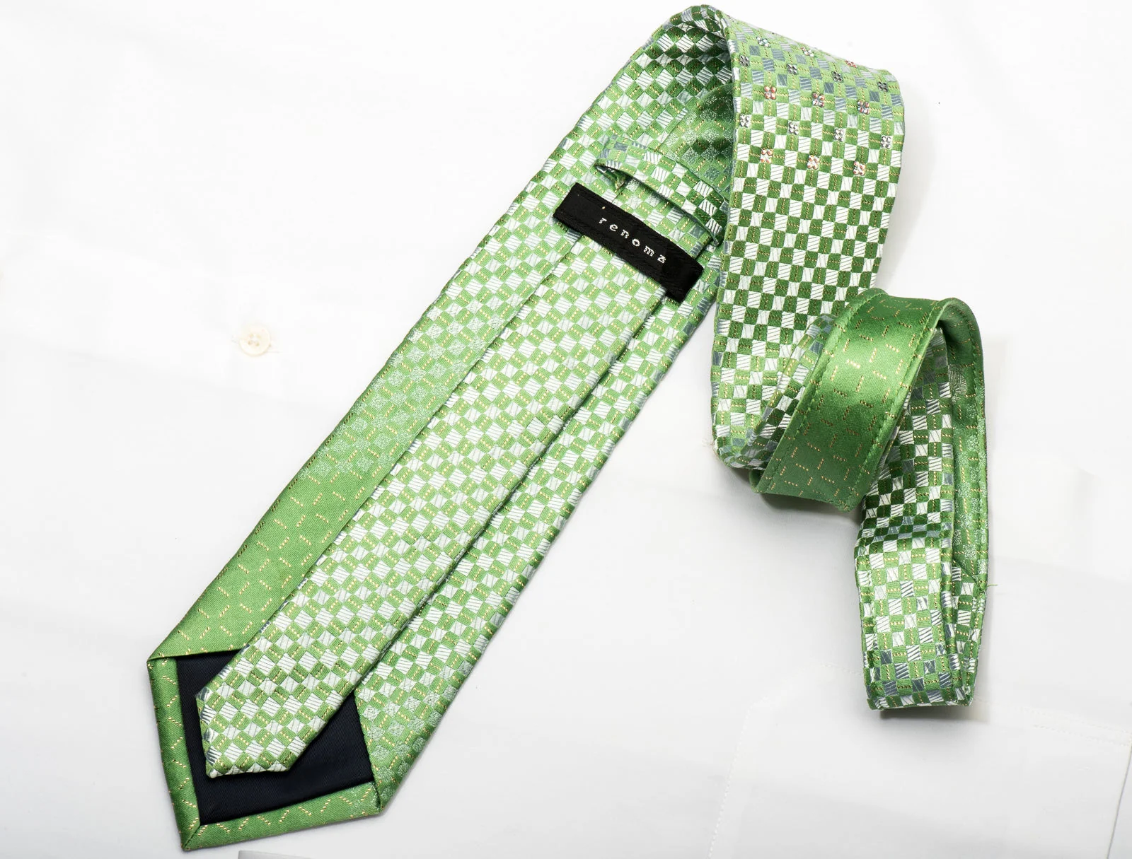 Renoma Mens Silk Necktie Green Silver Checkered Sparkling With Crystal Rhinestones - Image 4