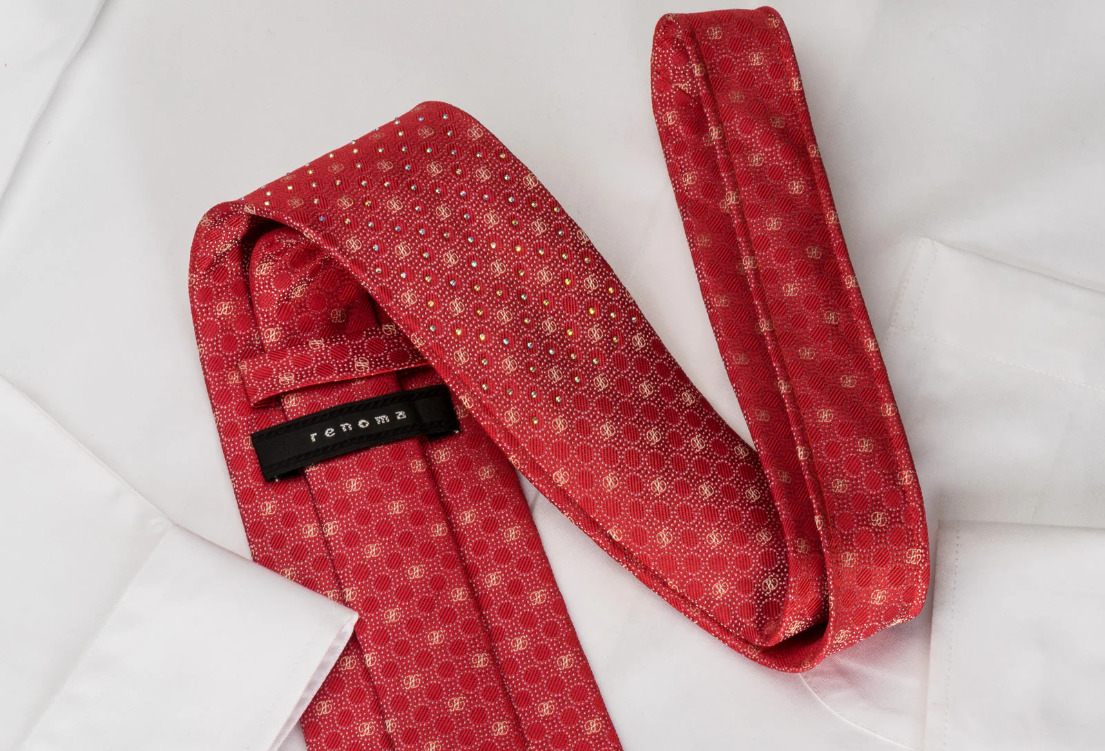 Renoma Mens Silk Necktie Silver Micro Dots On Red Sparkling With Rhinestones - Image 4