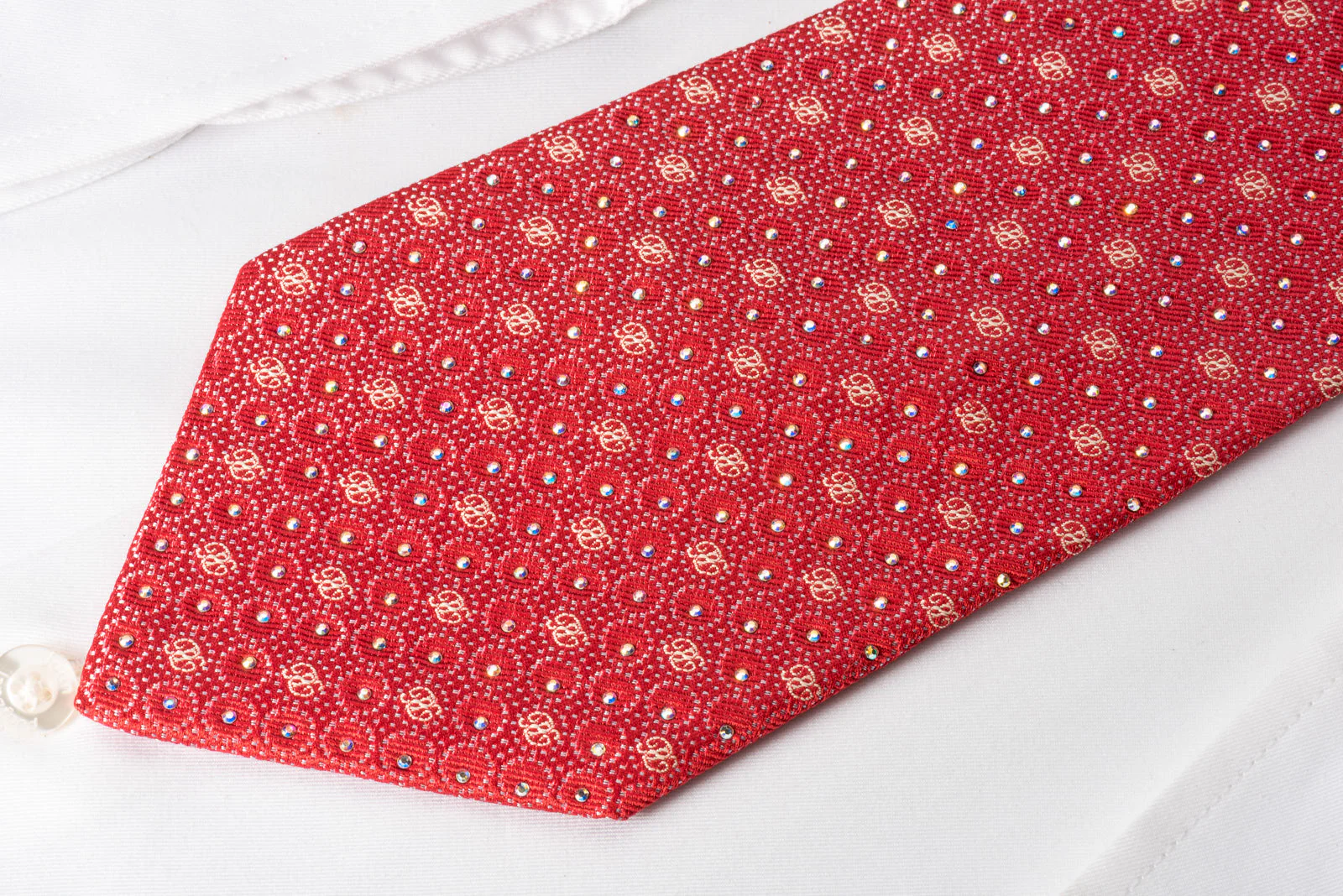 Renoma Mens Silk Necktie Silver Micro Dots On Red Sparkling With Rhinestones - Image 5
