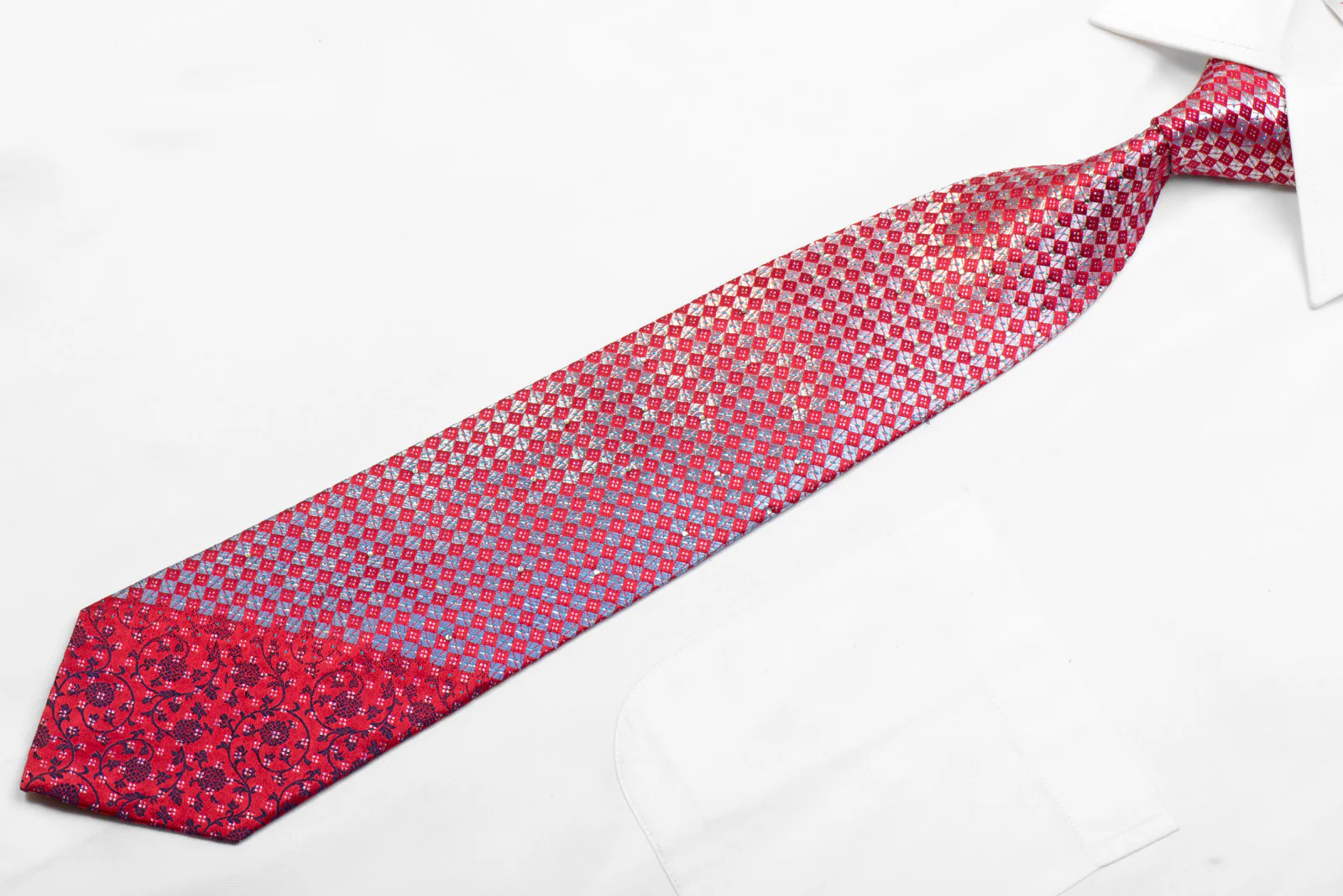 Mens Silk Necktie Silver Red Checkered With Silver Sparkles - Image 3