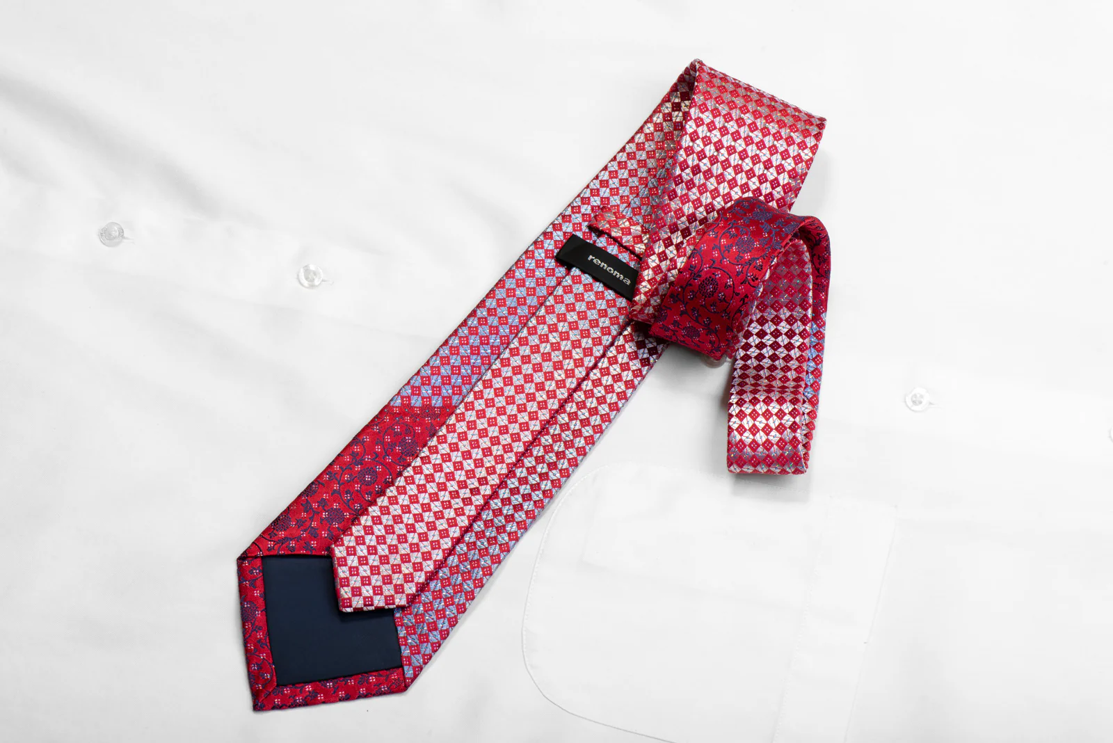 Mens Silk Necktie Silver Red Checkered With Silver Sparkles - Image 4