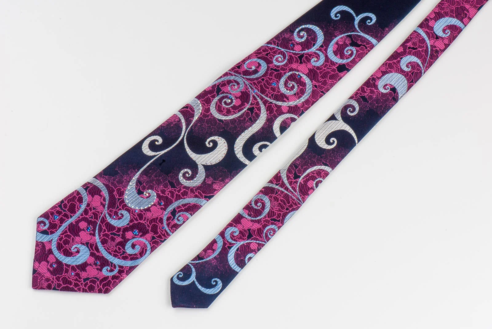 Renoma Mens Silk Necktie Silver Scrolls On Purple Floral Design With Rhinestones - Image 2
