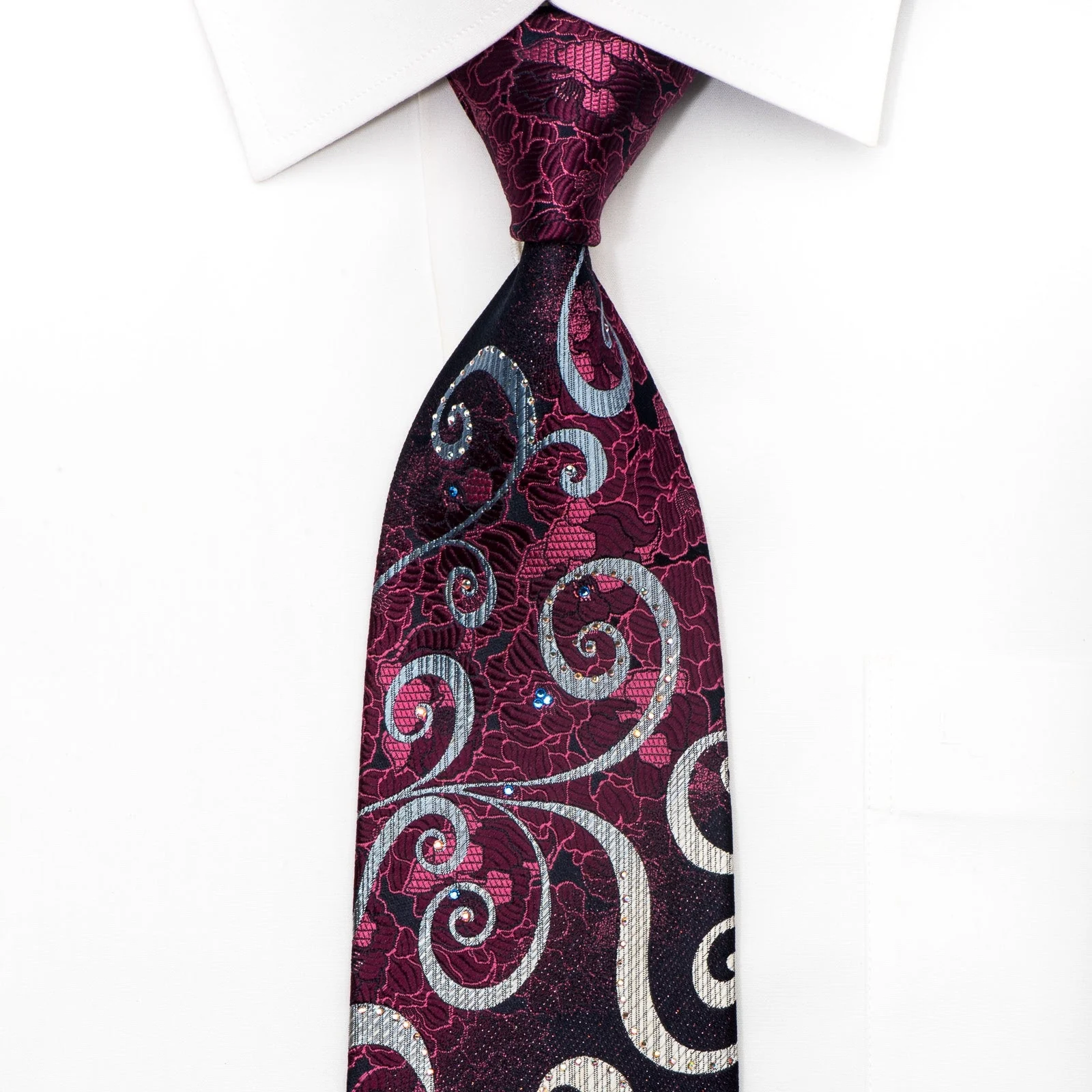 Renoma Mens Silk Necktie Silver Scrolls On Purple Sparkling With Crystal Rhinestones