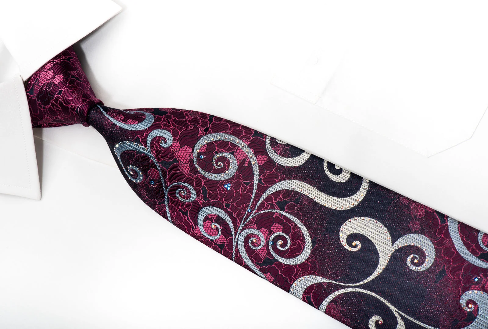 Renoma Mens Silk Necktie Silver Scrolls On Purple Sparkling With Crystal Rhinestones - Image 2