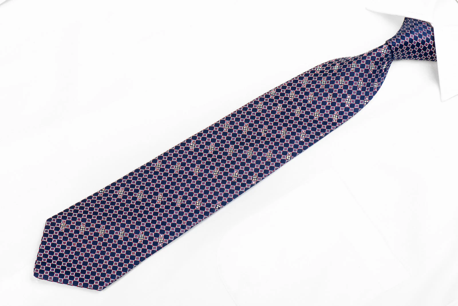 Renoma Mens Silk Rhinestone Necktie Blue Silver Red Checkered With Red Sparkles - Image 3