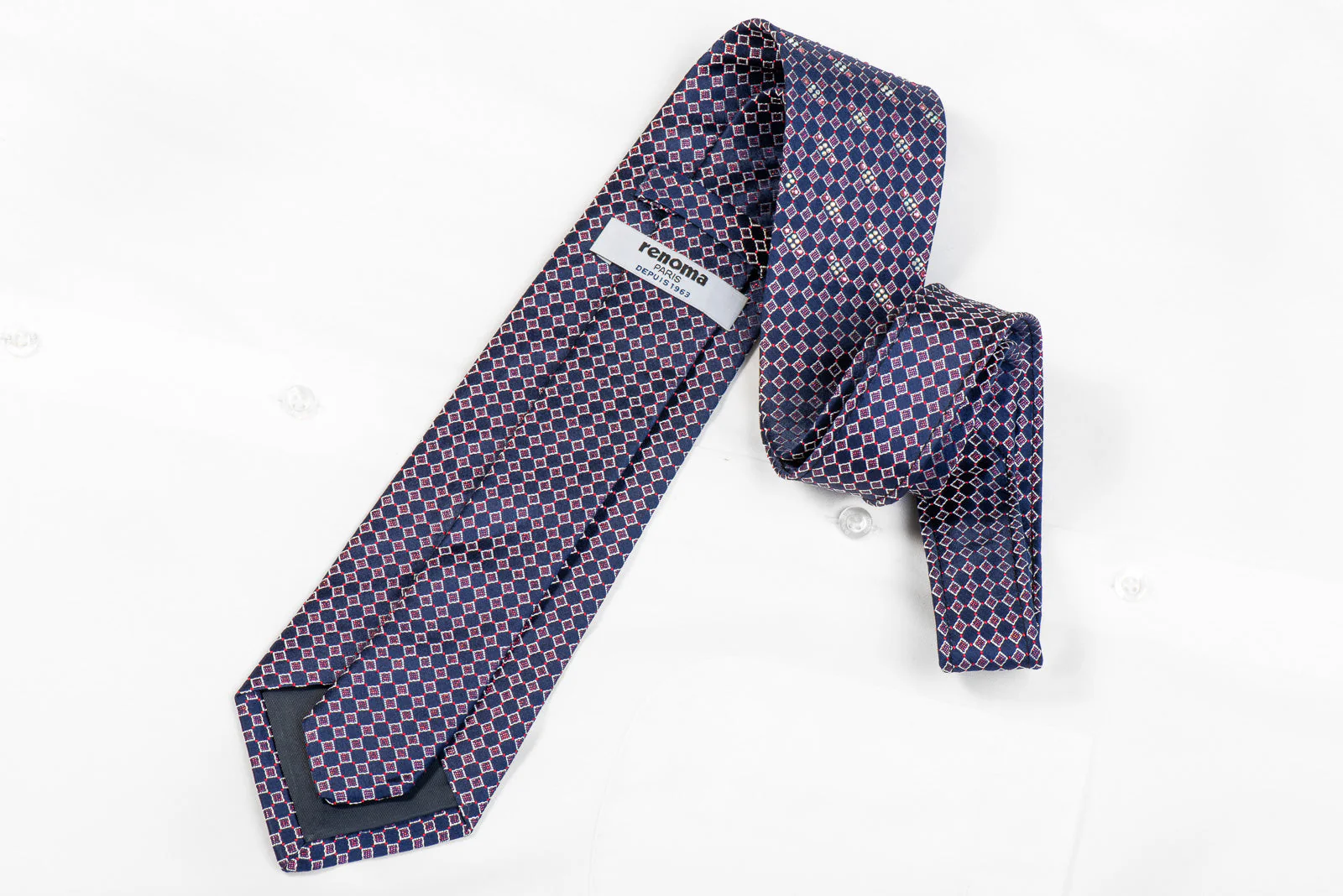 Renoma Mens Silk Rhinestone Necktie Blue Silver Red Checkered With Red Sparkles - Image 4