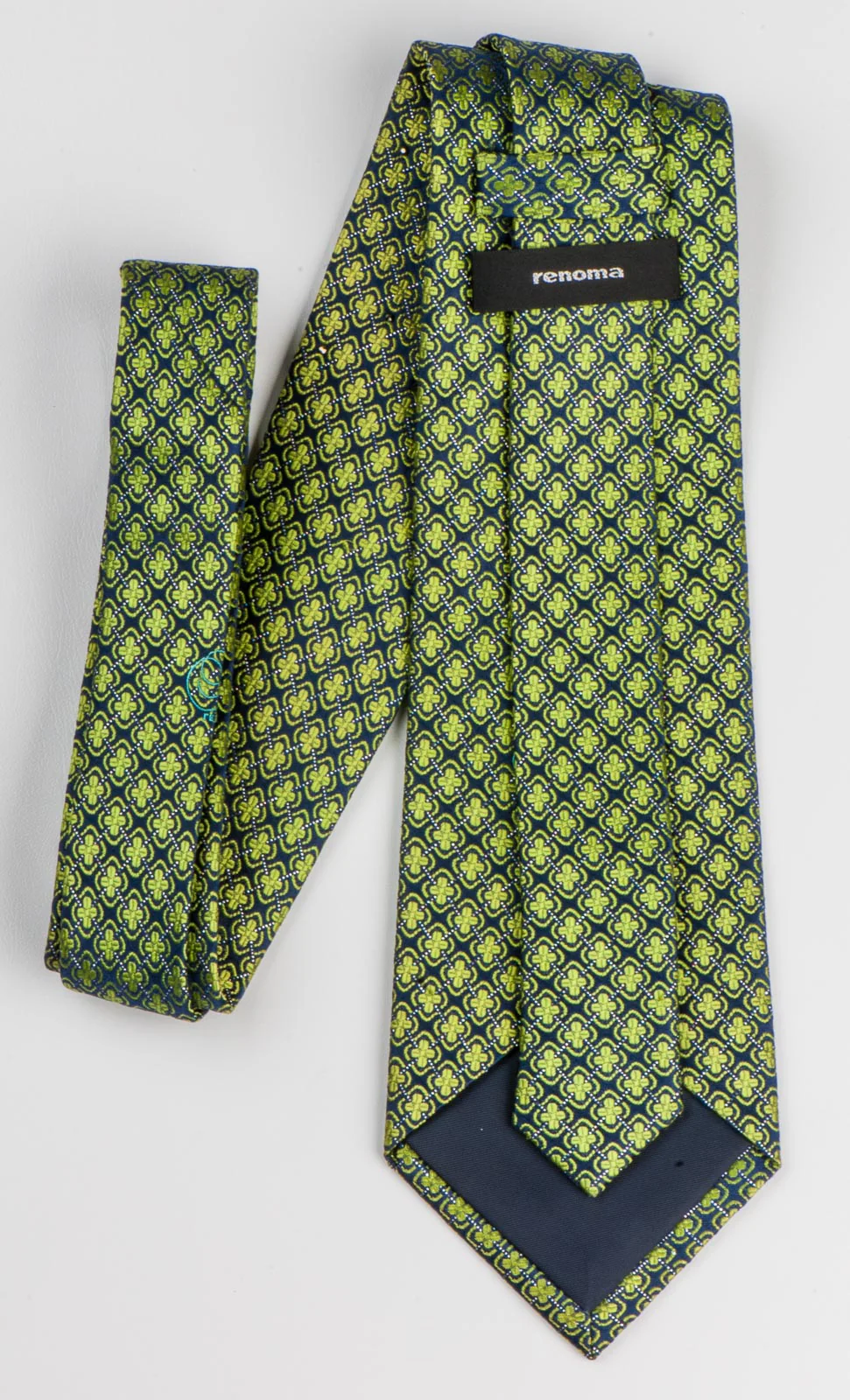 Renoma Neck Tie Green Quatrefoil On Dark Blue Silk With Dark Blue Rhinestones - Image 3