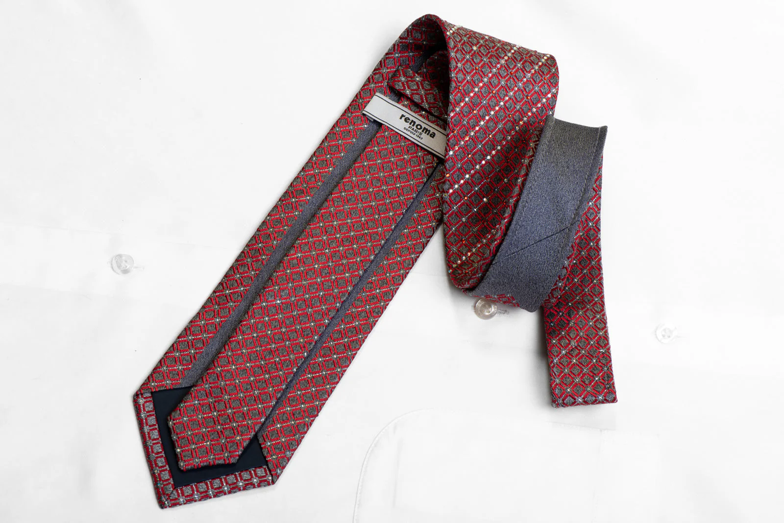 Red Geometric On Silver Silk Tie With Rhinestones & Sparkles - Image 4