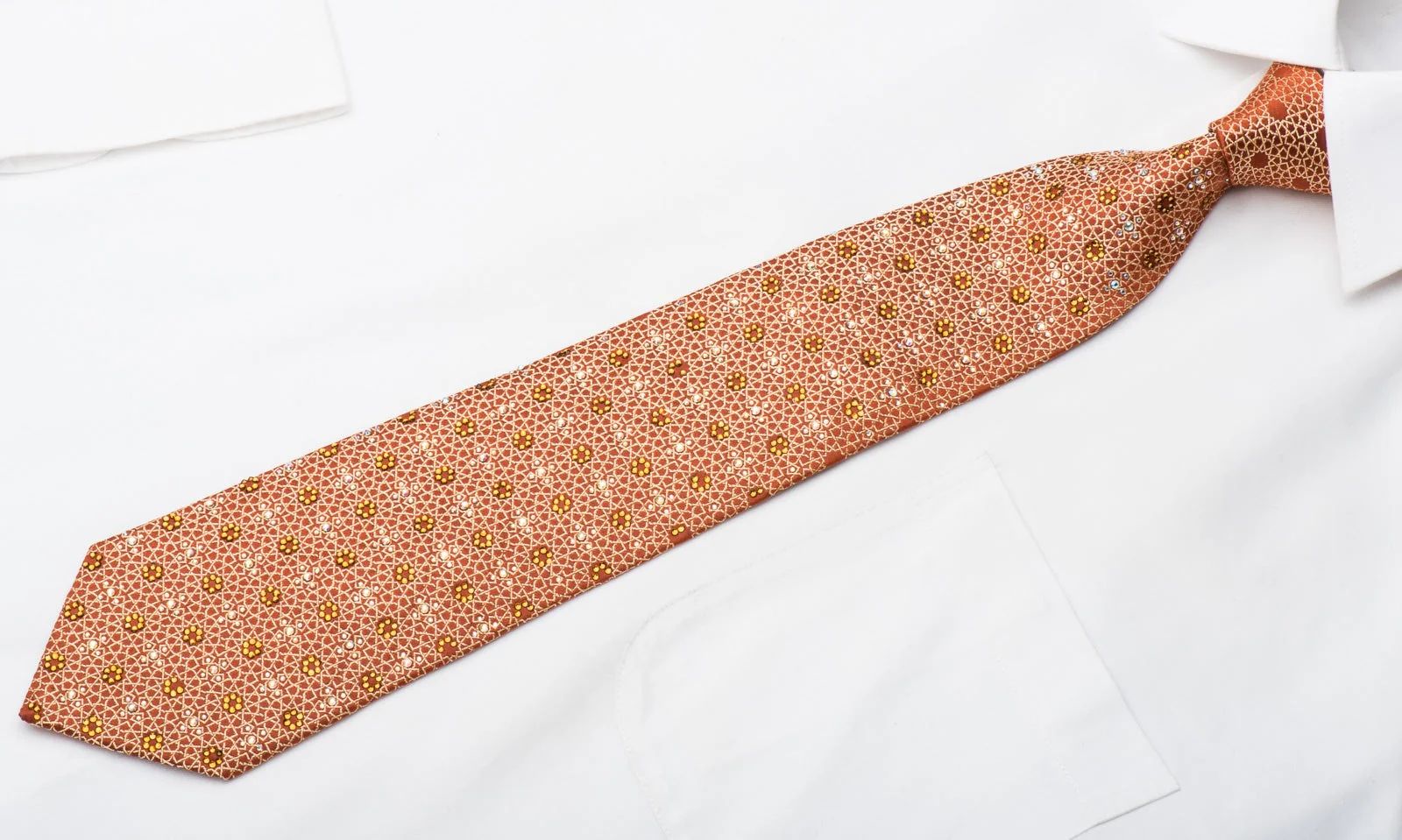 Renoma Mens Rhinestone Necktie Arabesque On Orange Silk - Image 4
