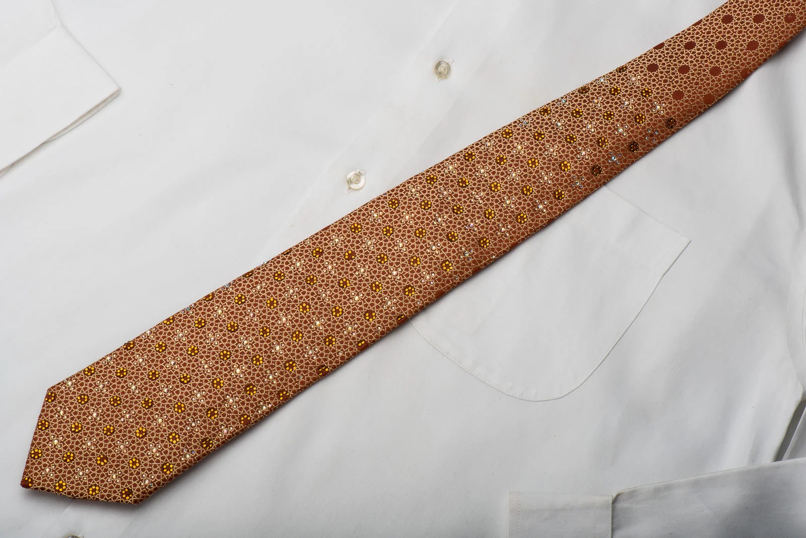 Renoma Mens Rhinestone Necktie Arabesque On Orange Silk - Image 5