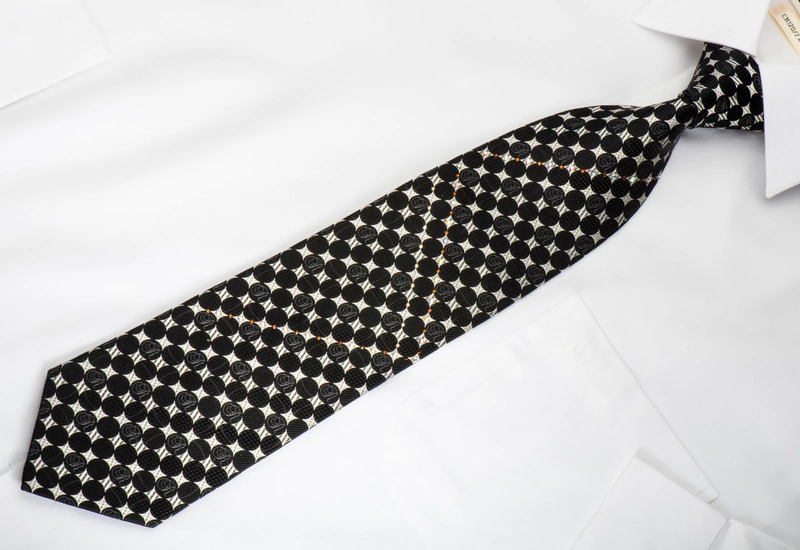 Renoma Rhinestone Necktie Black Geometric Dots On Silver With Sparkles - Image 3