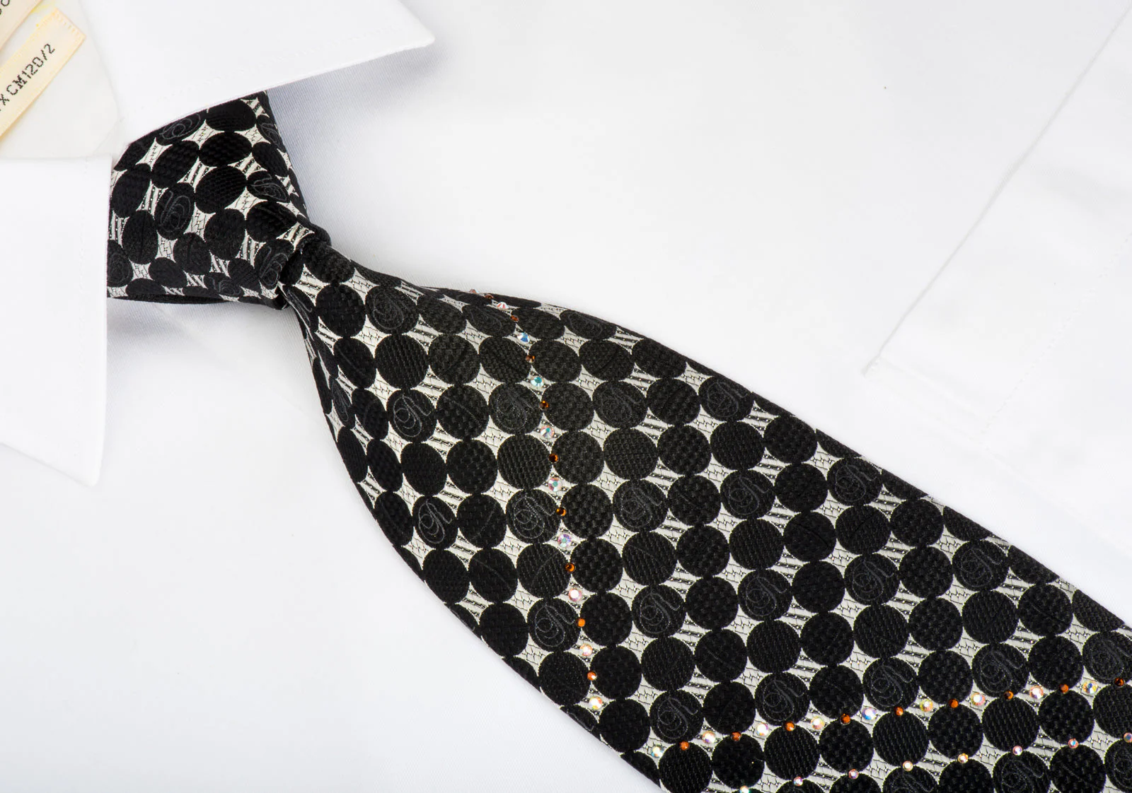 Renoma Rhinestone Necktie Black Geometric Dots On Silver With Sparkles - Image 4