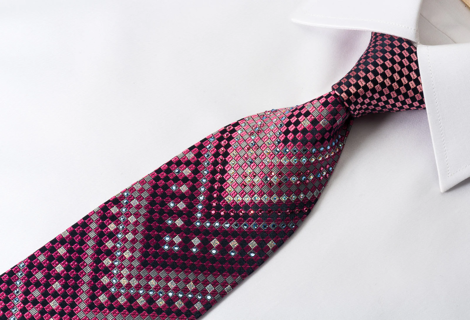 Renoma Rhinestone Necktie Checker V-Stripes On Purple With Silver Sparkles - Image 3