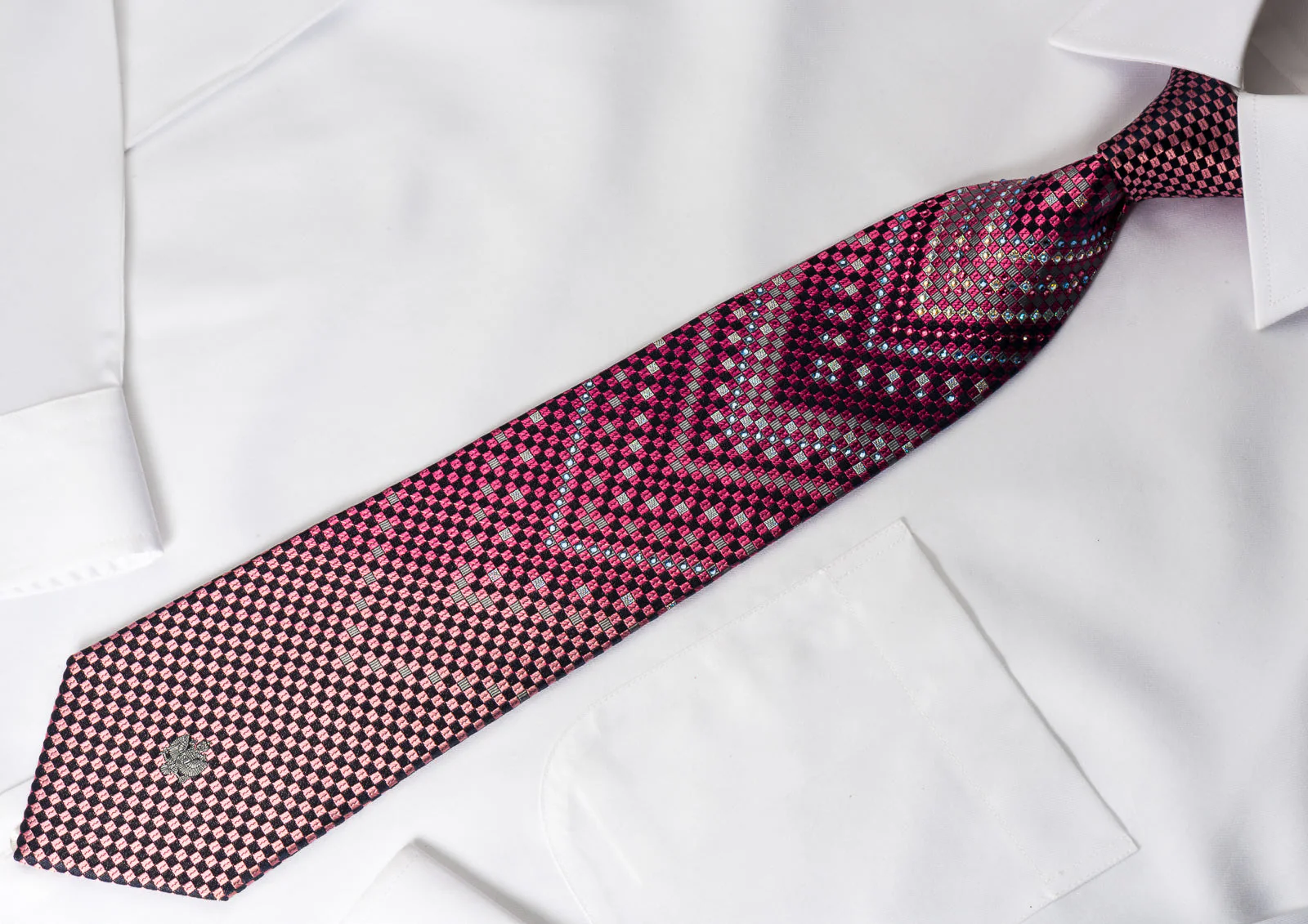 Renoma Rhinestone Necktie Checker V-Stripes On Purple With Silver Sparkles - Image 5