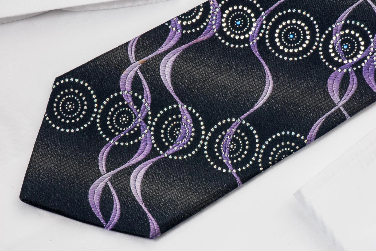 Renoma Rhinestone Necktie Circles & Waves On Black With Silver Sparkles - Image 2
