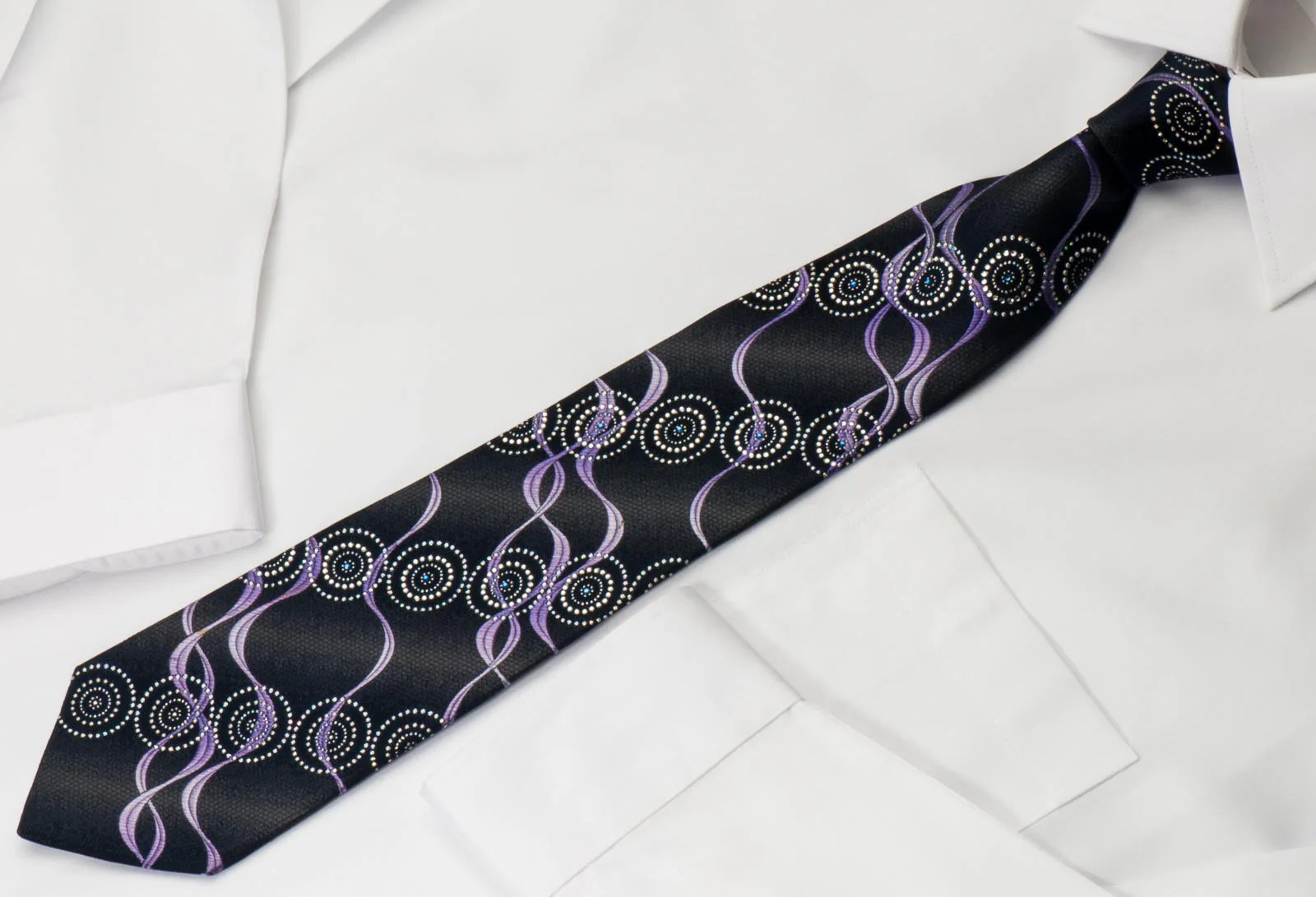 Renoma Rhinestone Necktie Circles & Waves On Black With Silver Sparkles - Image 3
