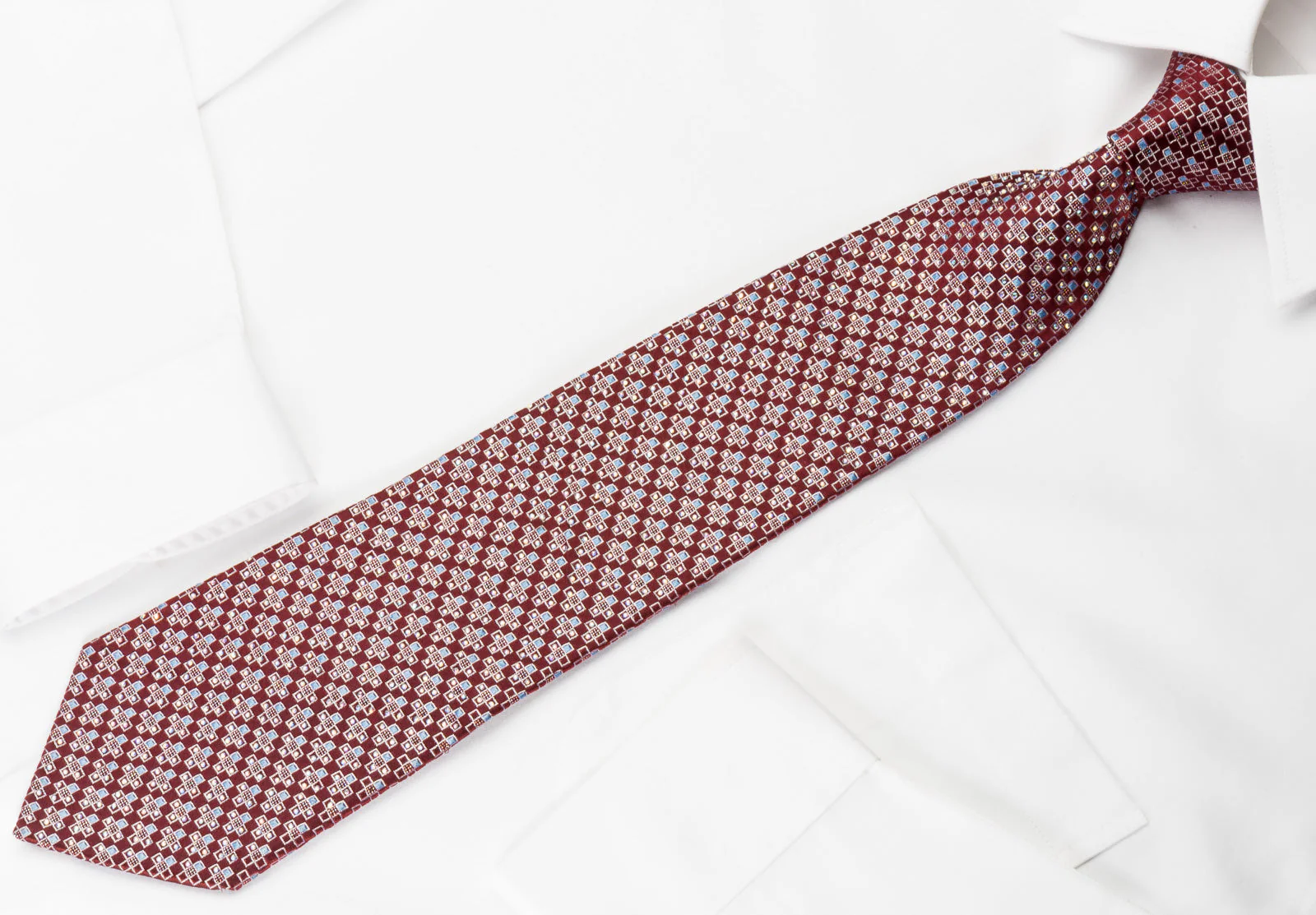 Renoma Rhinestone Necktie Geometric Crosses On Burgundy With Silver Sparkles - Image 6