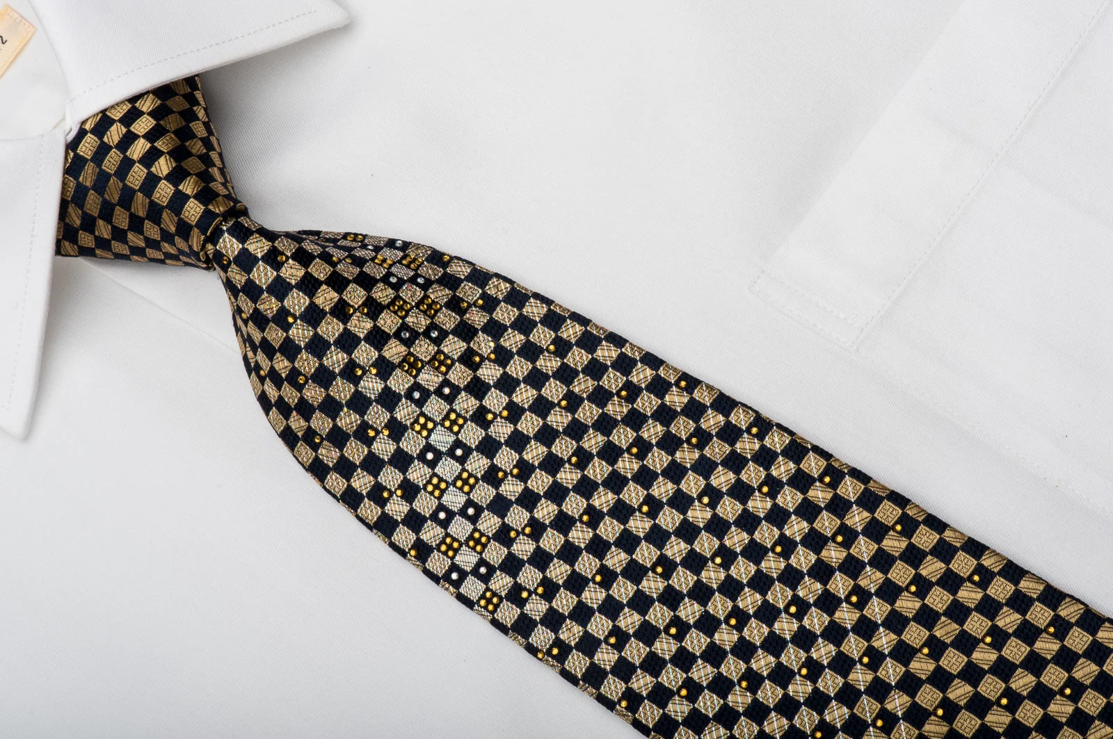 Renoma Rhinestone Necktie Gold Navy Checkered With Silver Sparkles - Image 2