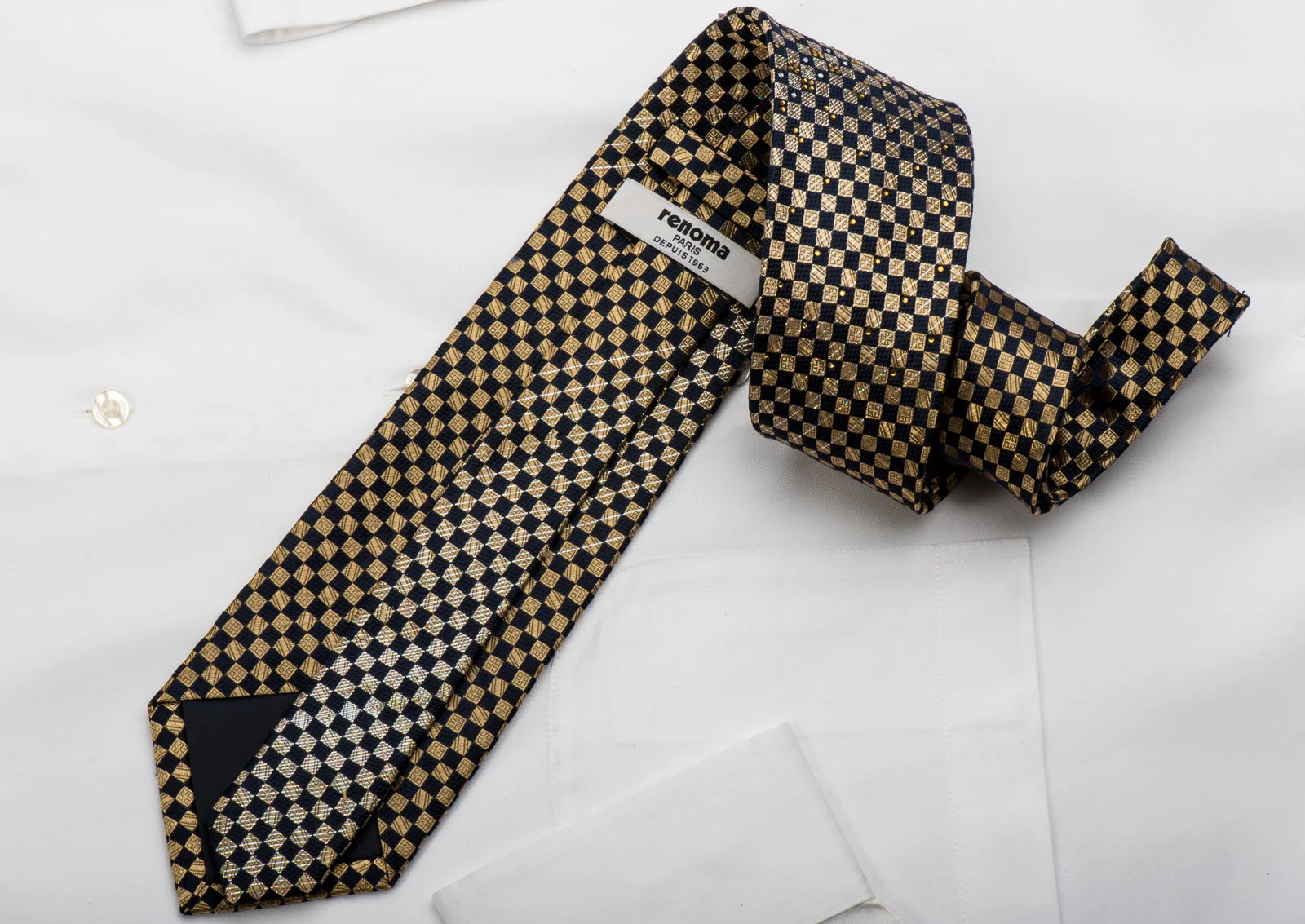 Renoma Rhinestone Necktie Gold Navy Checkered With Silver Sparkles - Image 4