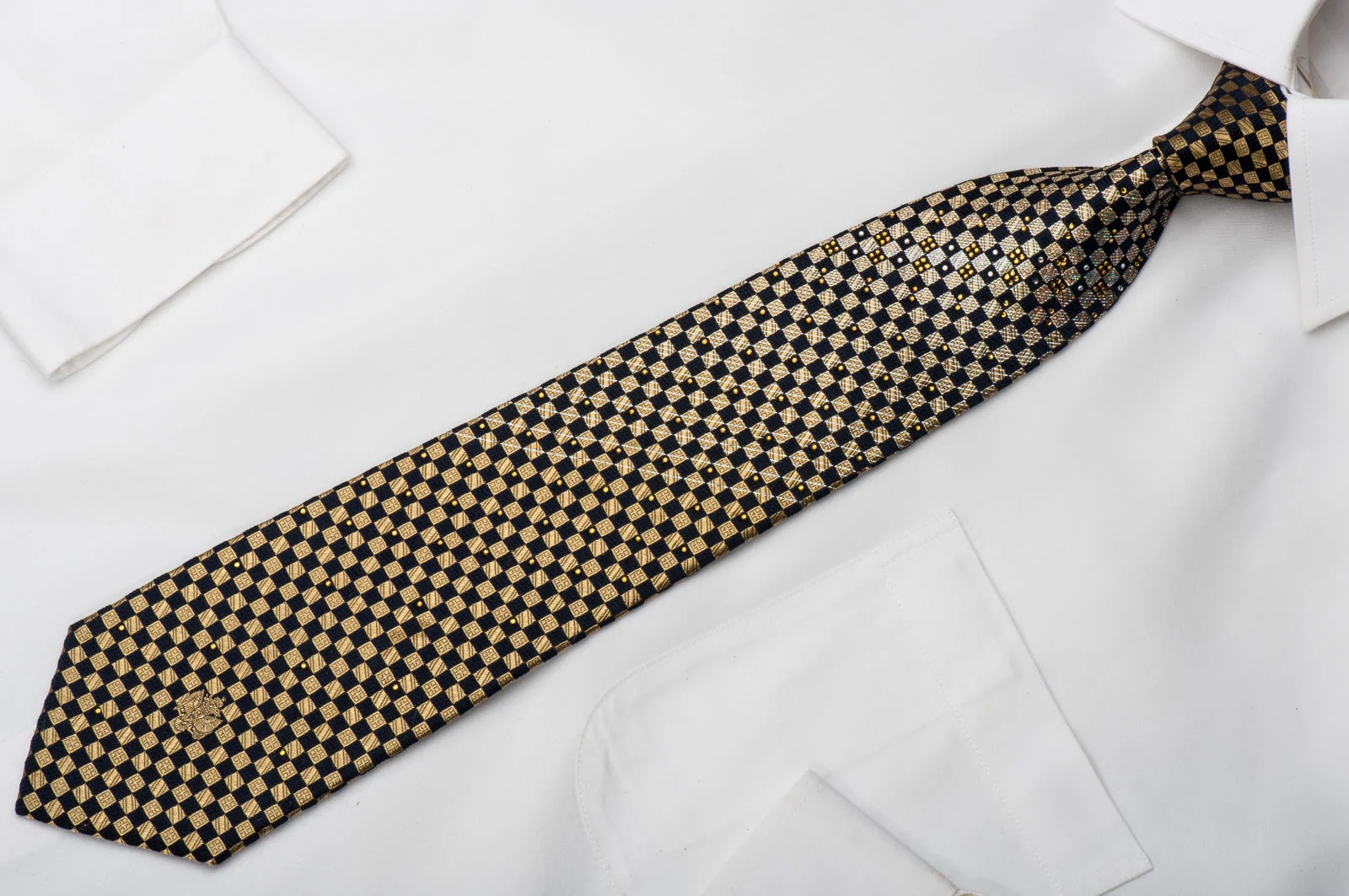 Renoma Rhinestone Necktie Gold Navy Checkered With Silver Sparkles - Image 5