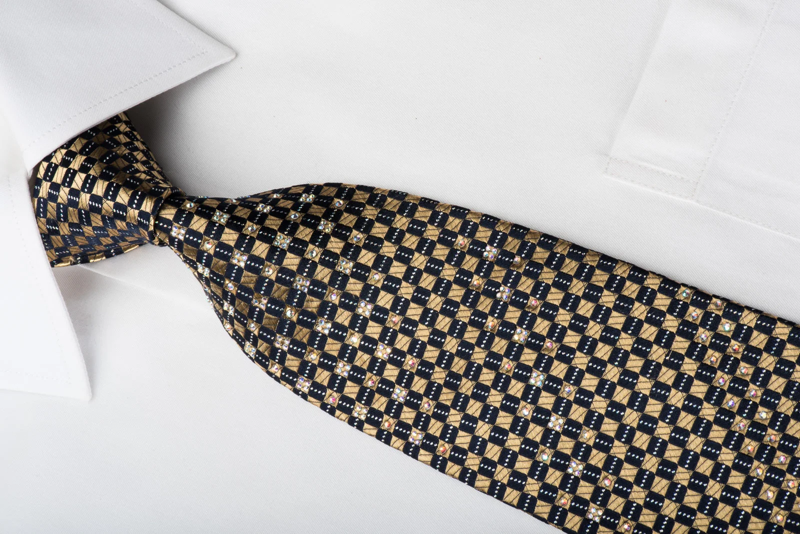 Renoma Rhinestone Necktie Golden Checker On Navy With Silver Sparkles - Image 2