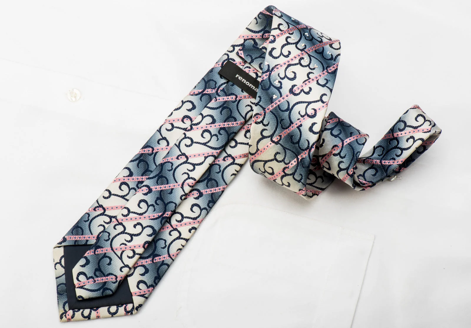 Renoma Rhinestone Necktie Pink Stripes & Blue Scrolls On Silver - Image 3