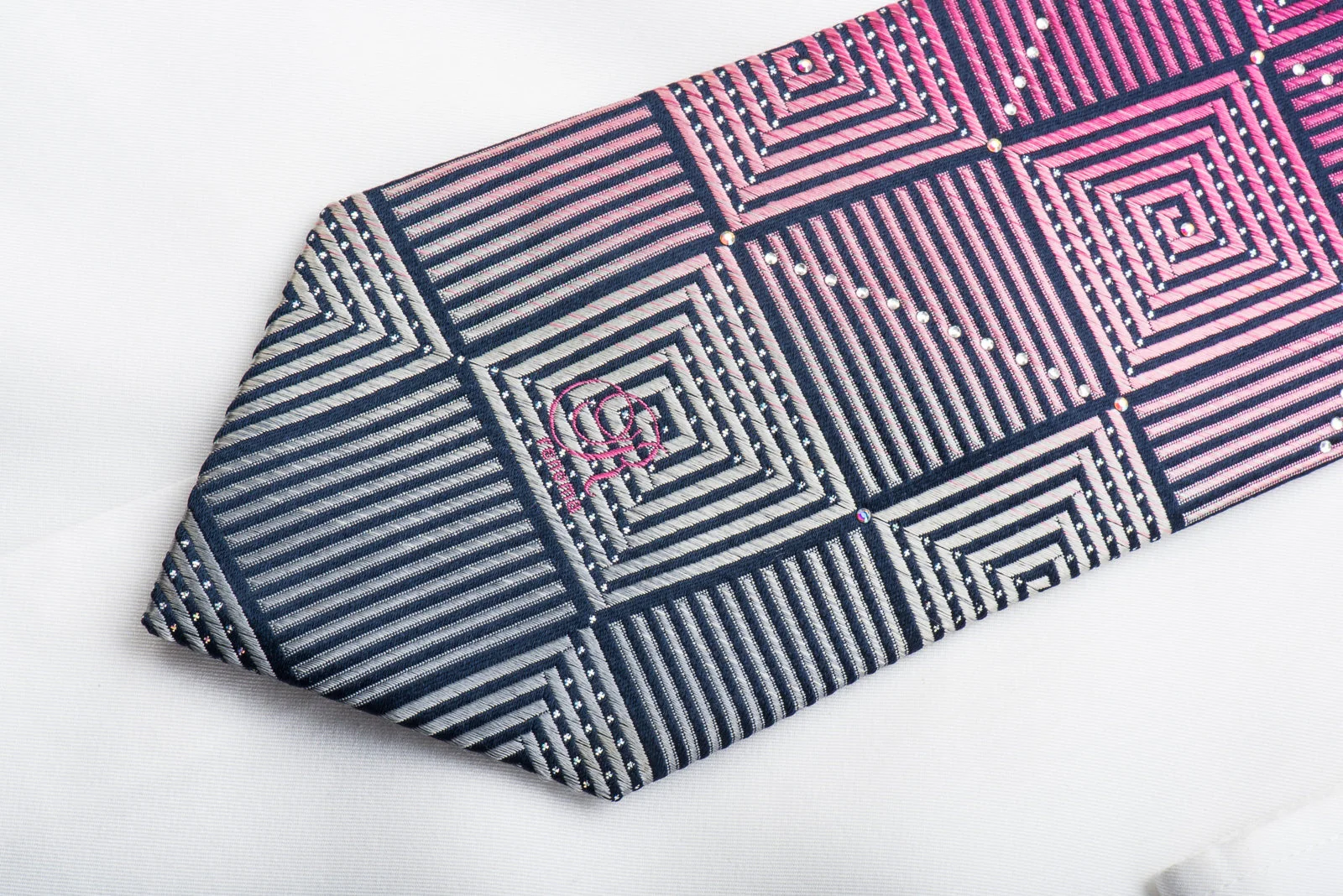 Renoma Rhinestone Necktie Purple Silver Geometric Square Spirals On Navy Silk With Sparkles - Image 3
