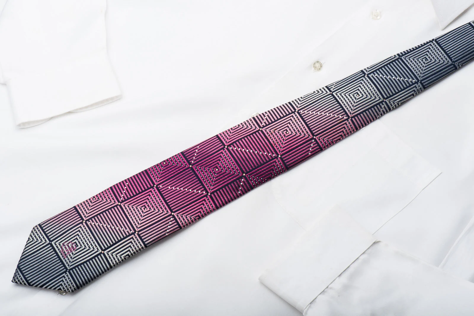 Renoma Rhinestone Necktie Purple Silver Geometric Square Spirals On Navy Silk With Sparkles - Image 5