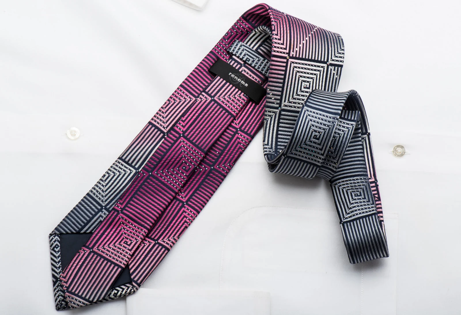 Renoma Rhinestone Necktie Purple Silver Geometric Square Spirals On Navy Silk With Sparkles - Image 6