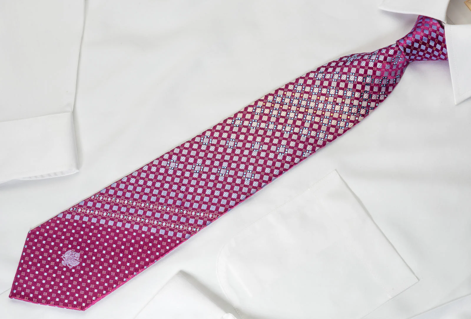 Renoma Rhinestone Necktie Silver Checkered On Purple With Silver Sparkles - Image 2