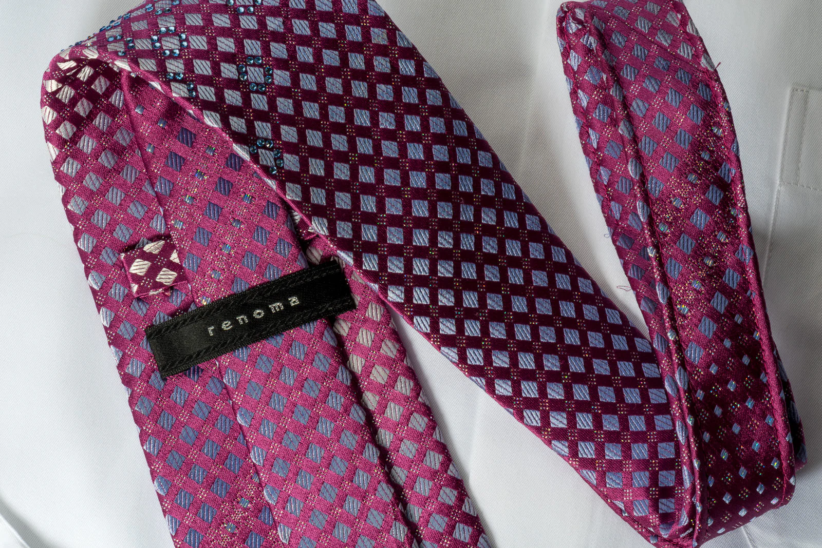 Renoma Rhinestone Necktie Silver Checkered On Purple With Silver Sparkles - Image 5
