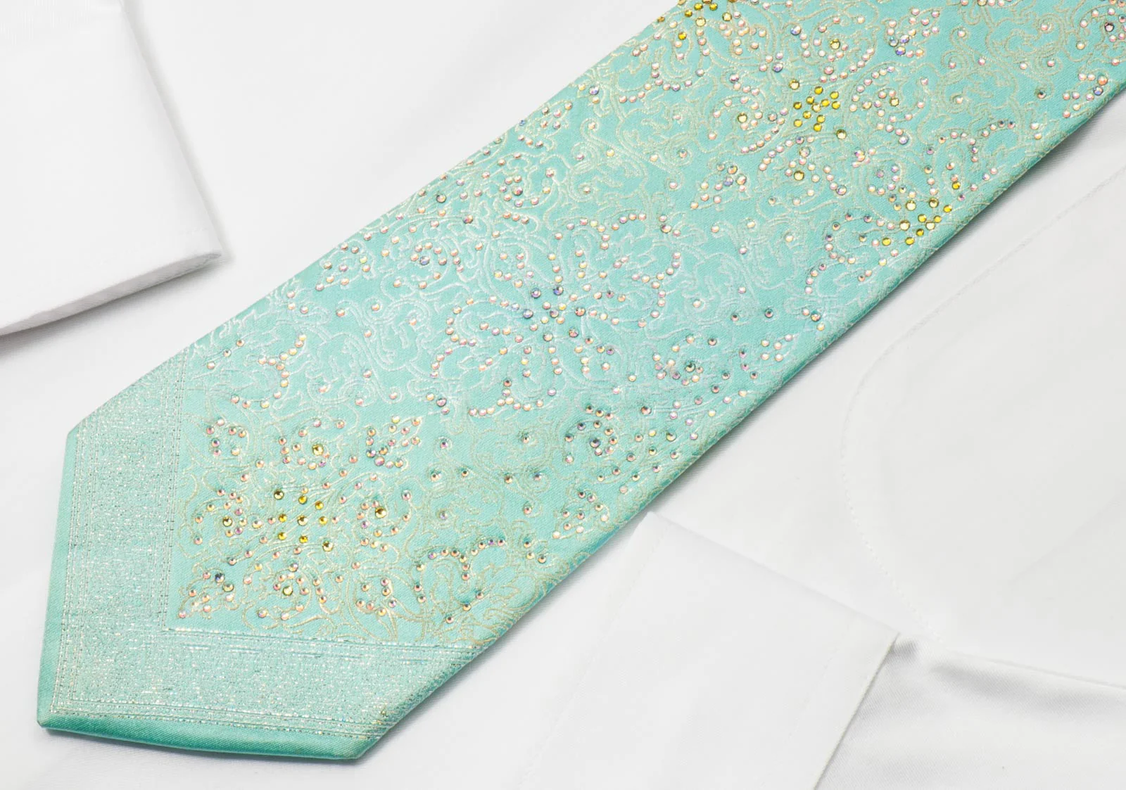 Renoma Rhinestone Necktie Silver Damask On Turquoise With Silver Sparkles - Image 5