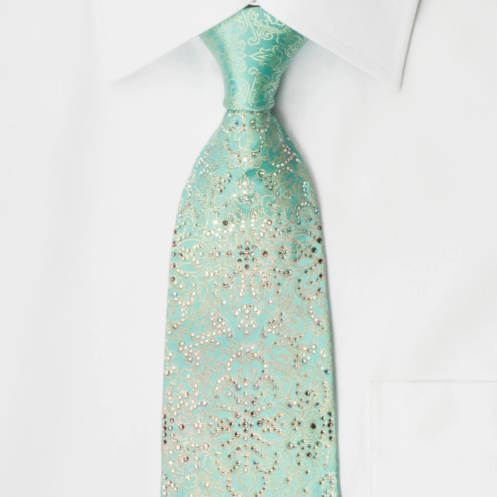 Renoma Rhinestone Necktie Silver Damask On Turquoise With Silver Sparkles - Image 7