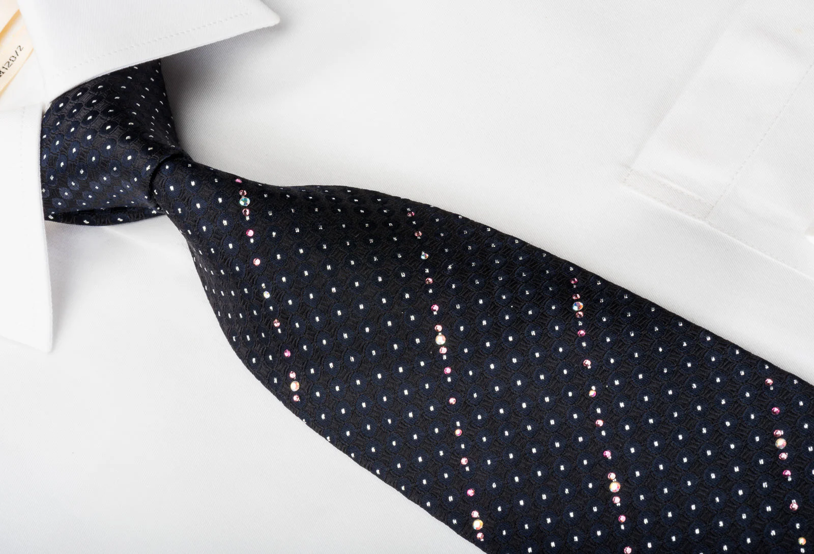 Renoma Rhinestone Necktie Silver Dots On Black With Striped Rhinestones - Image 7