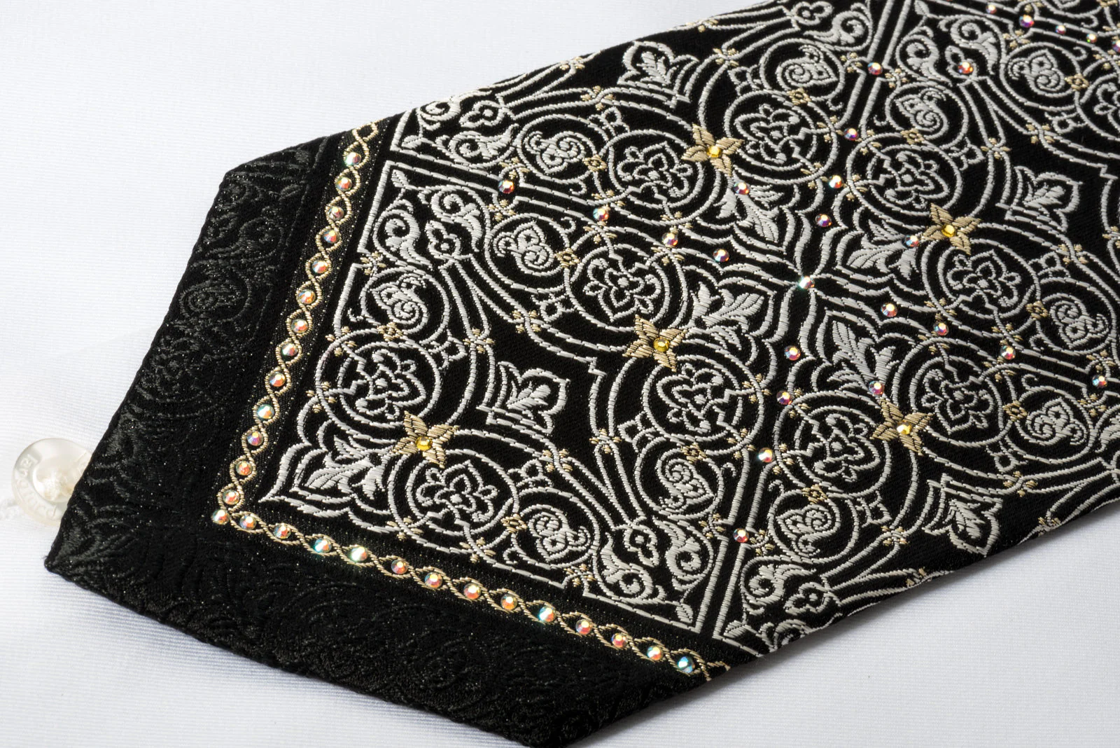 Renoma Rhinestone Necktie Silver Flur De Lis On Black Gold Label - Image 2
