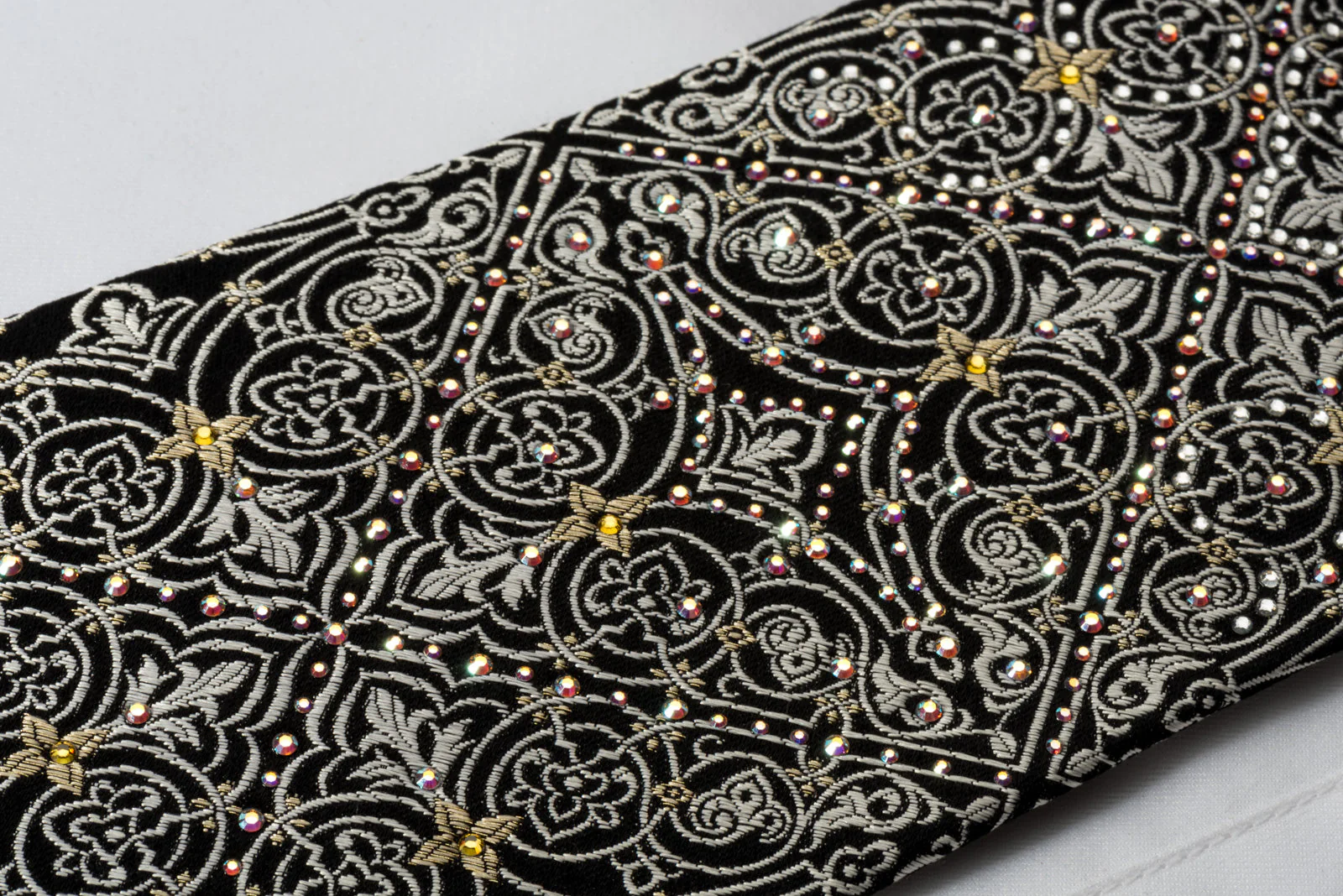 Renoma Rhinestone Necktie Silver Flur De Lis On Black Gold Label - Image 3