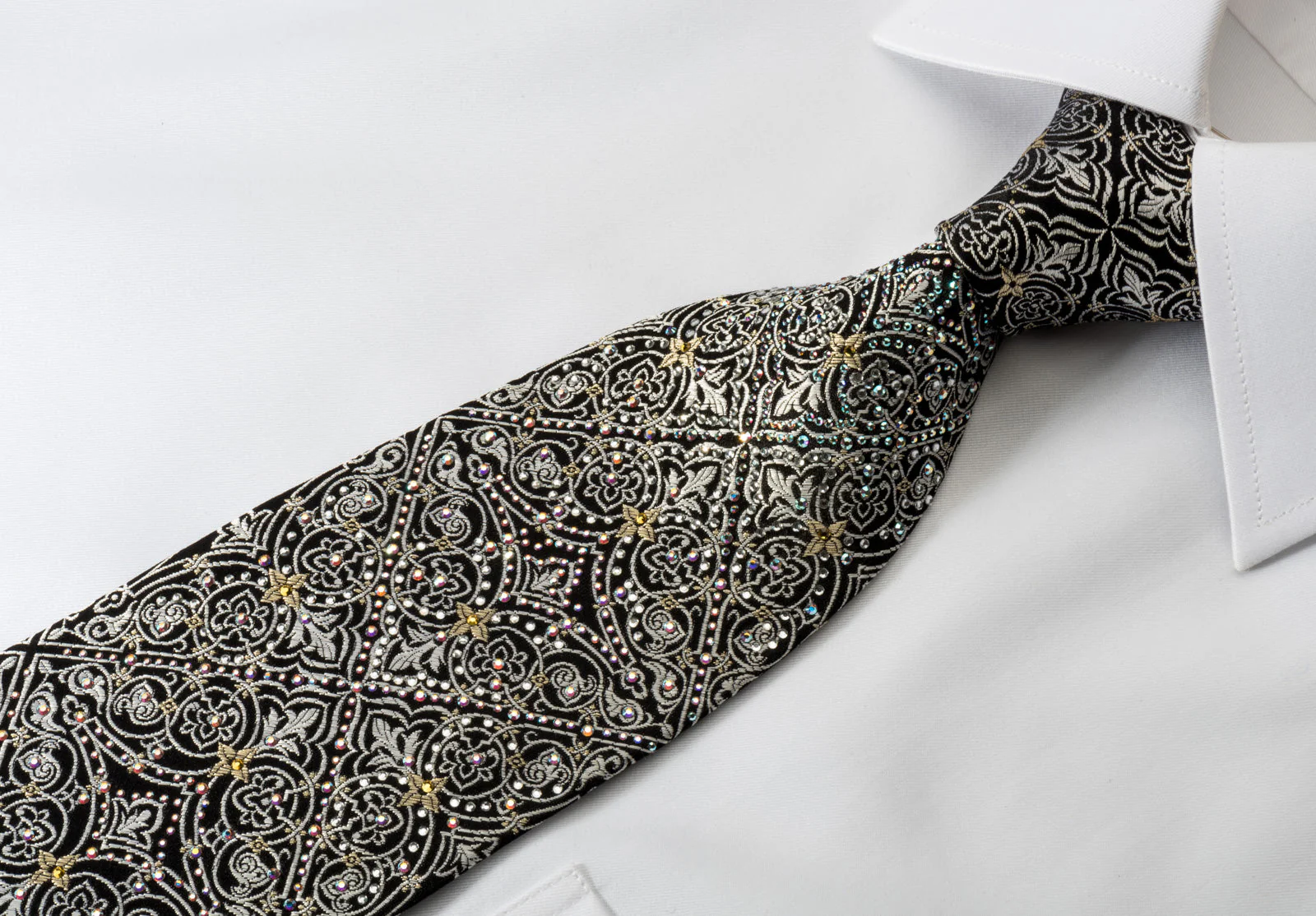Renoma Rhinestone Necktie Silver Flur De Lis On Black Gold Label - Image 4