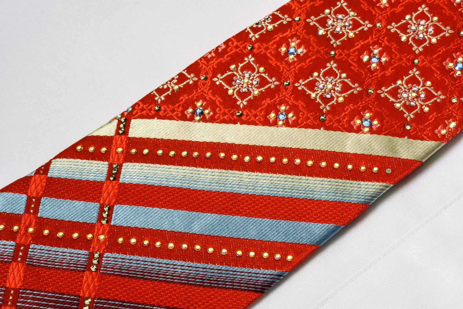 Renoma Rhinestone Necktie Silver Striped On Red With Silver Sparkles - Image 2