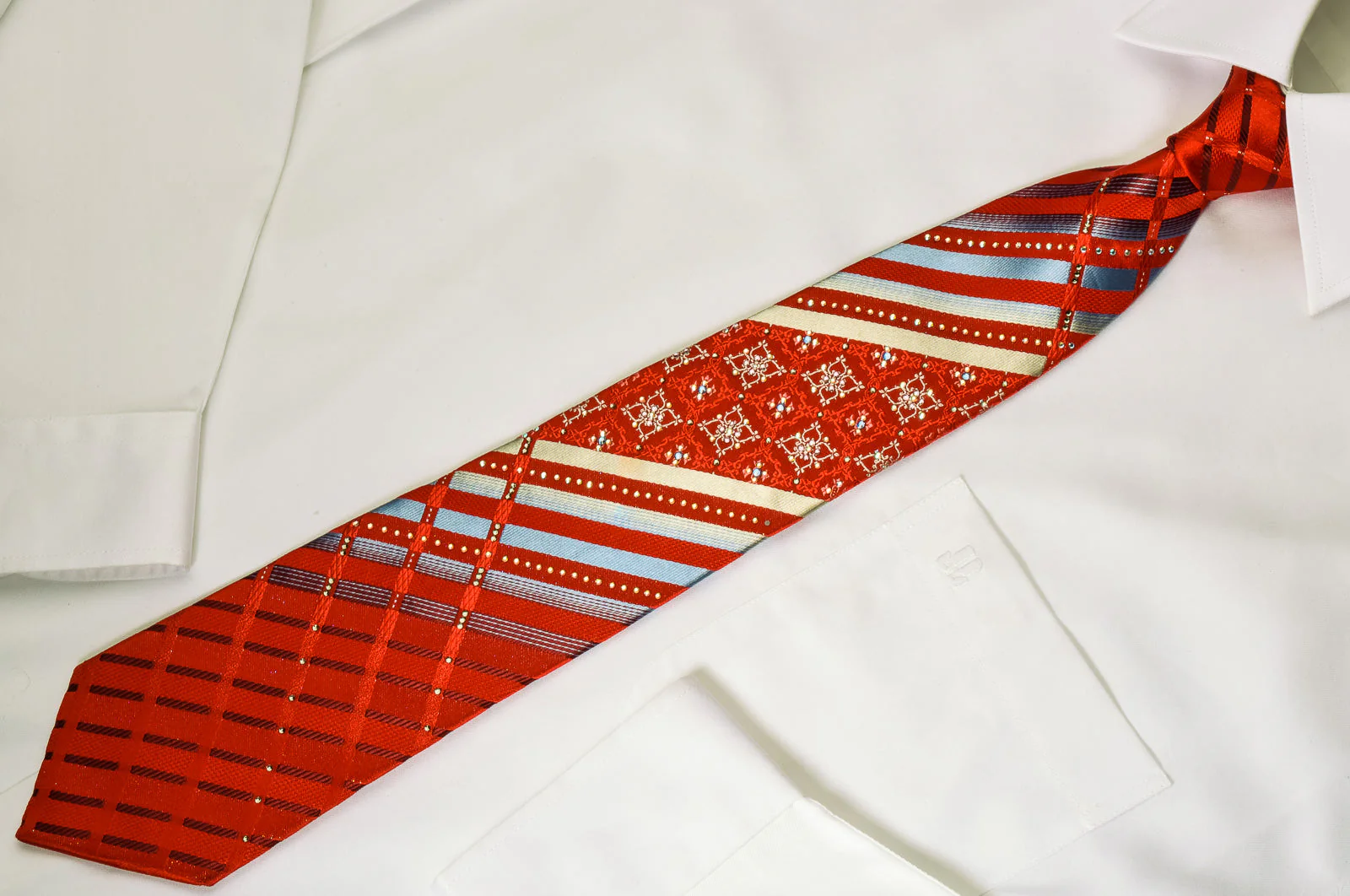Renoma Rhinestone Necktie Silver Striped On Red With Silver Sparkles - Image 4