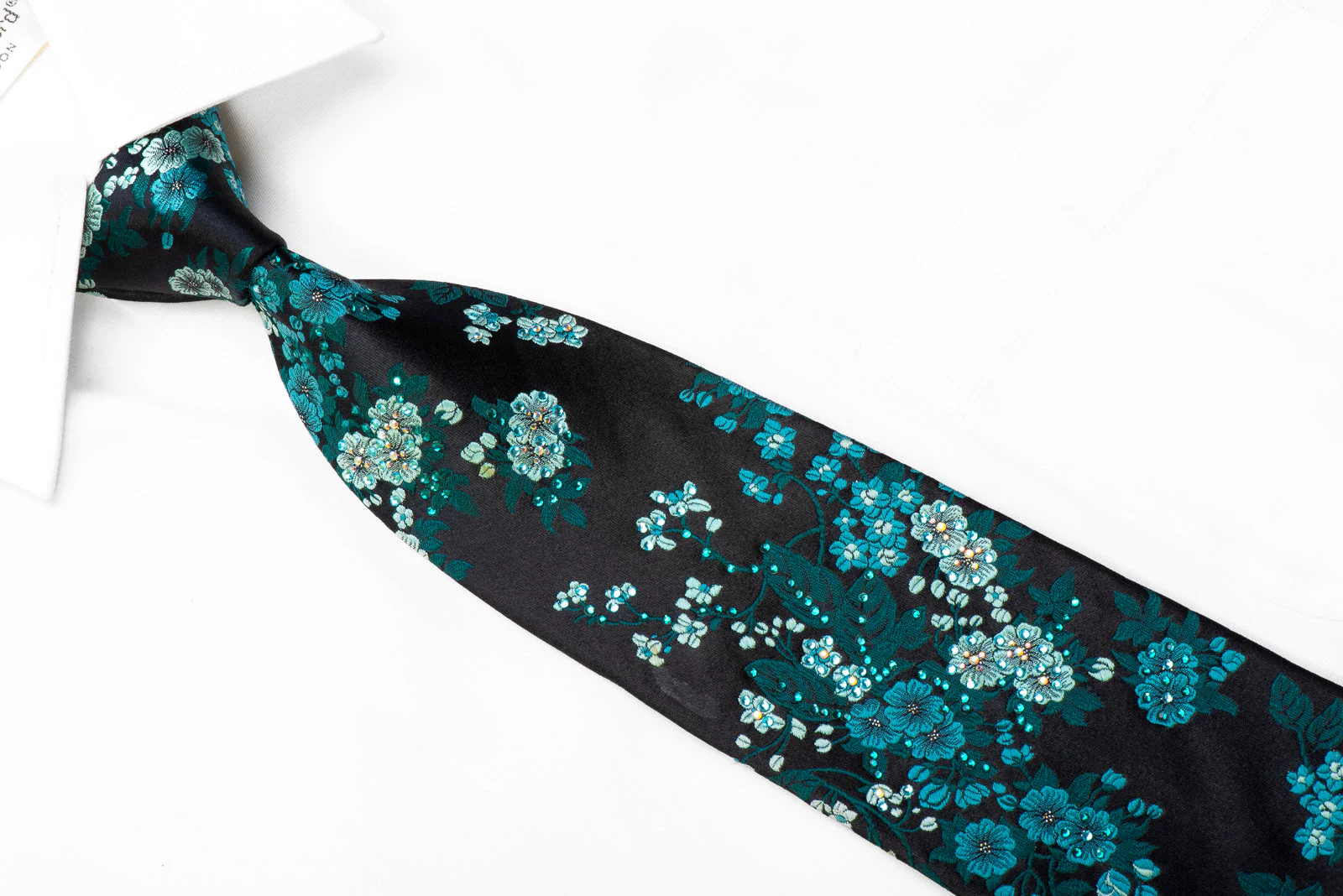 Renoma Rhinestone Silk Necktie Blue Floral on Navy With Sparkles - Image 2