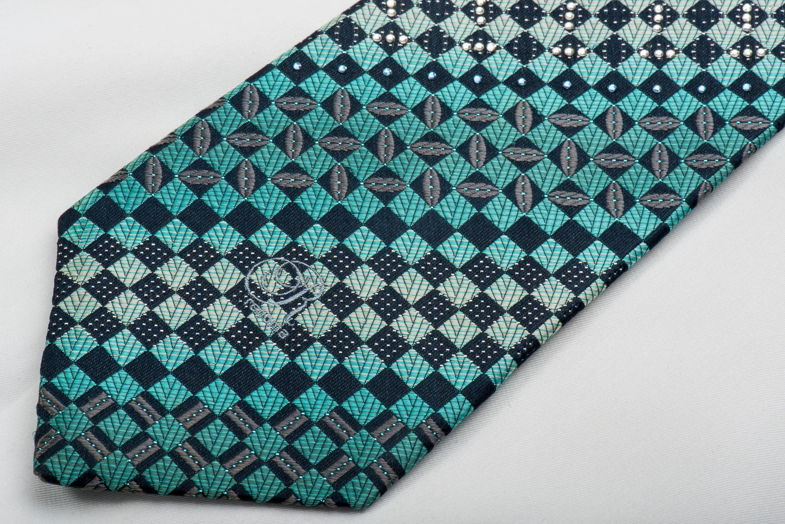 Renoma Rhinestone Silk Necktie Blue Teal Checkered With Sparkles - Image 2