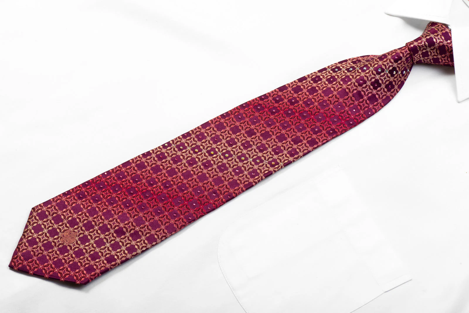 Renoma Rhinestone Silk Necktie Cartouche On Burgundy With Sparkles - Image 3