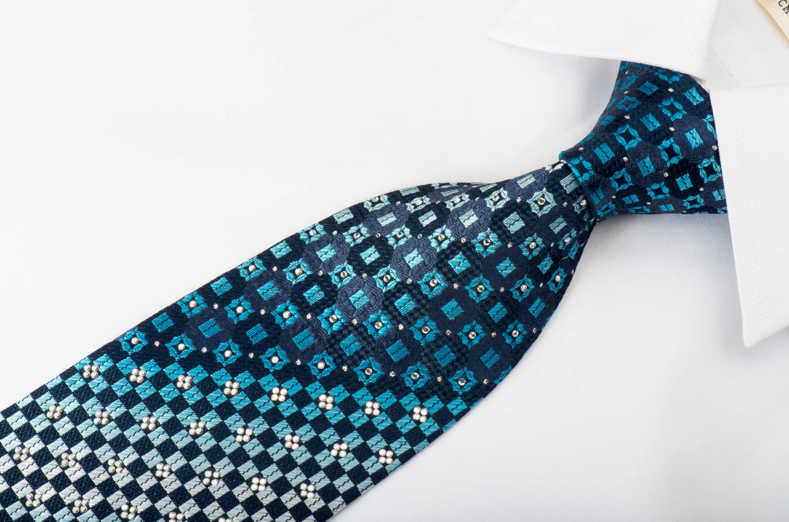 Renoma Rhinestone Silk Necktie Checkered On Blue With Silver Sparkles - Image 5