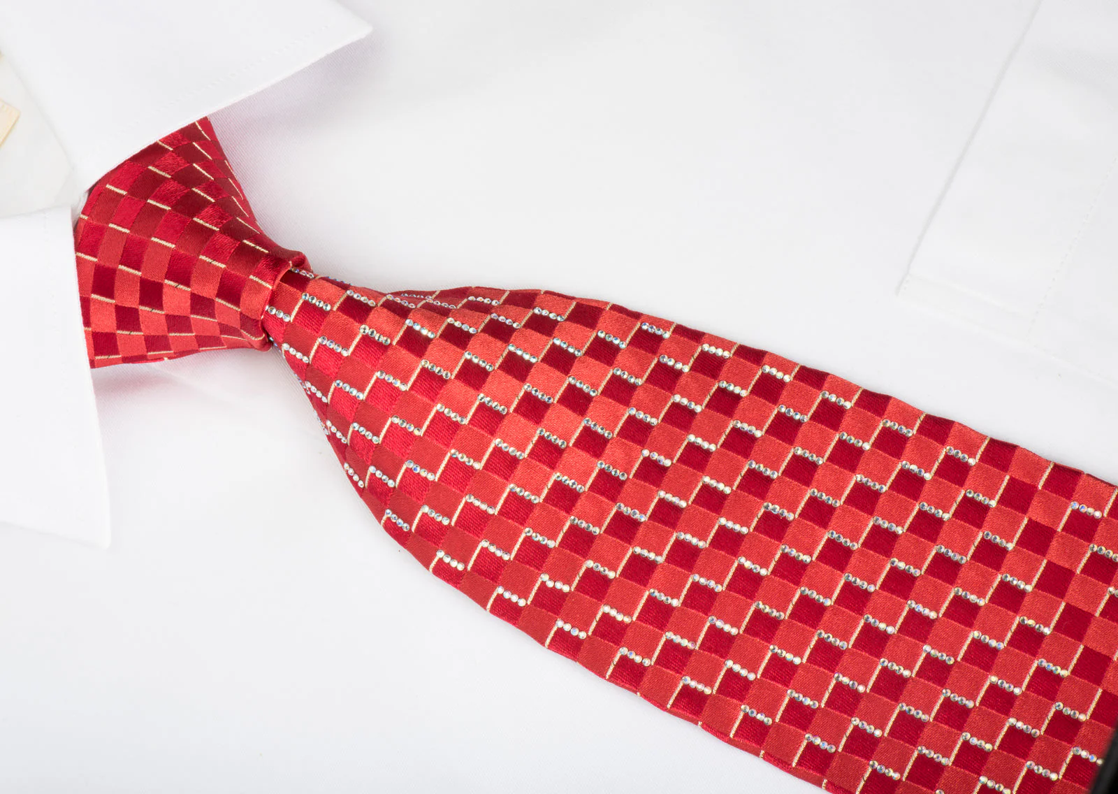 Renoma Rhinestone Silk Necktie Chevron Checker On Red With Silver Sparkles - Image 2
