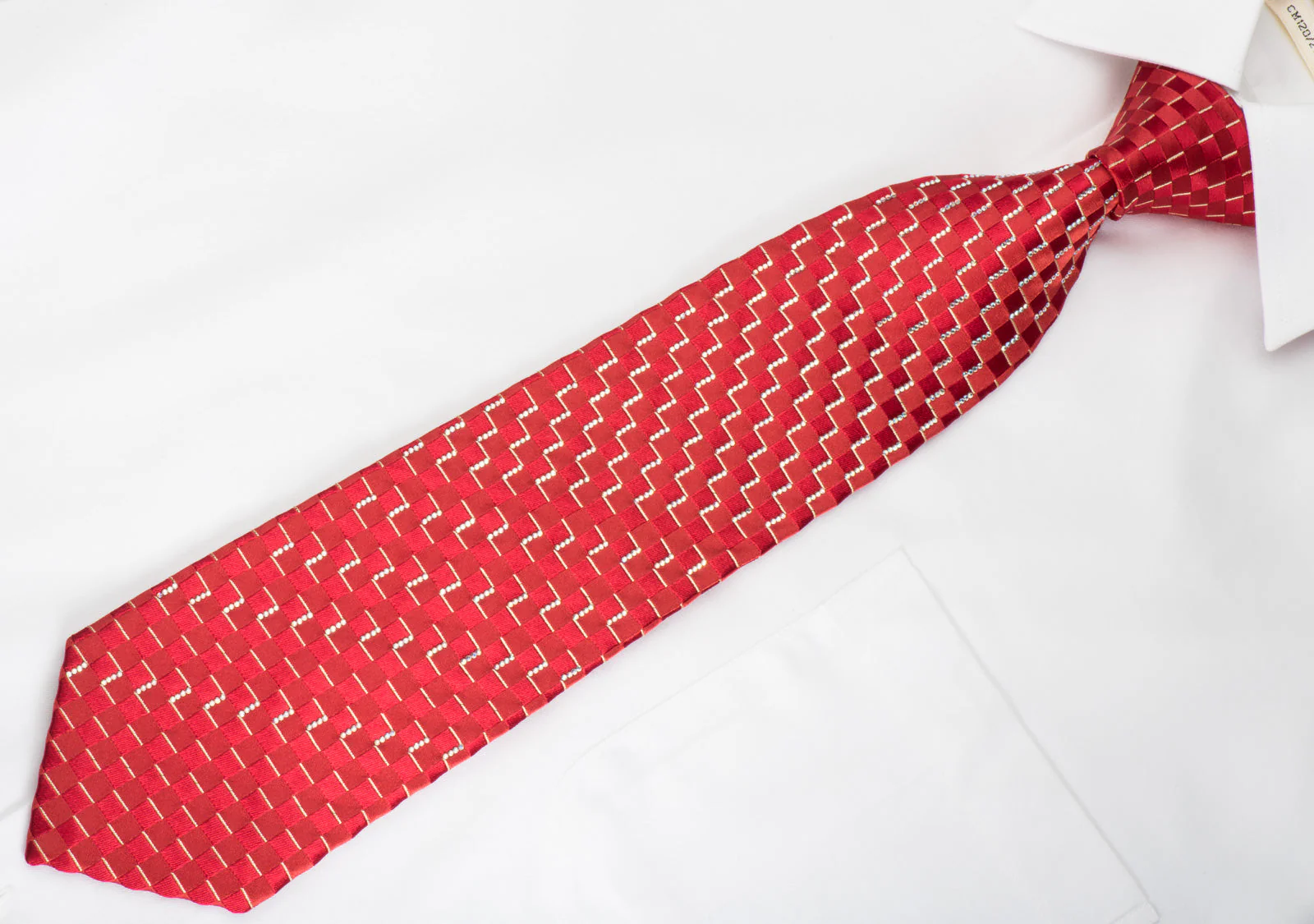 Renoma Rhinestone Silk Necktie Chevron Checker On Red With Silver Sparkles - Image 4